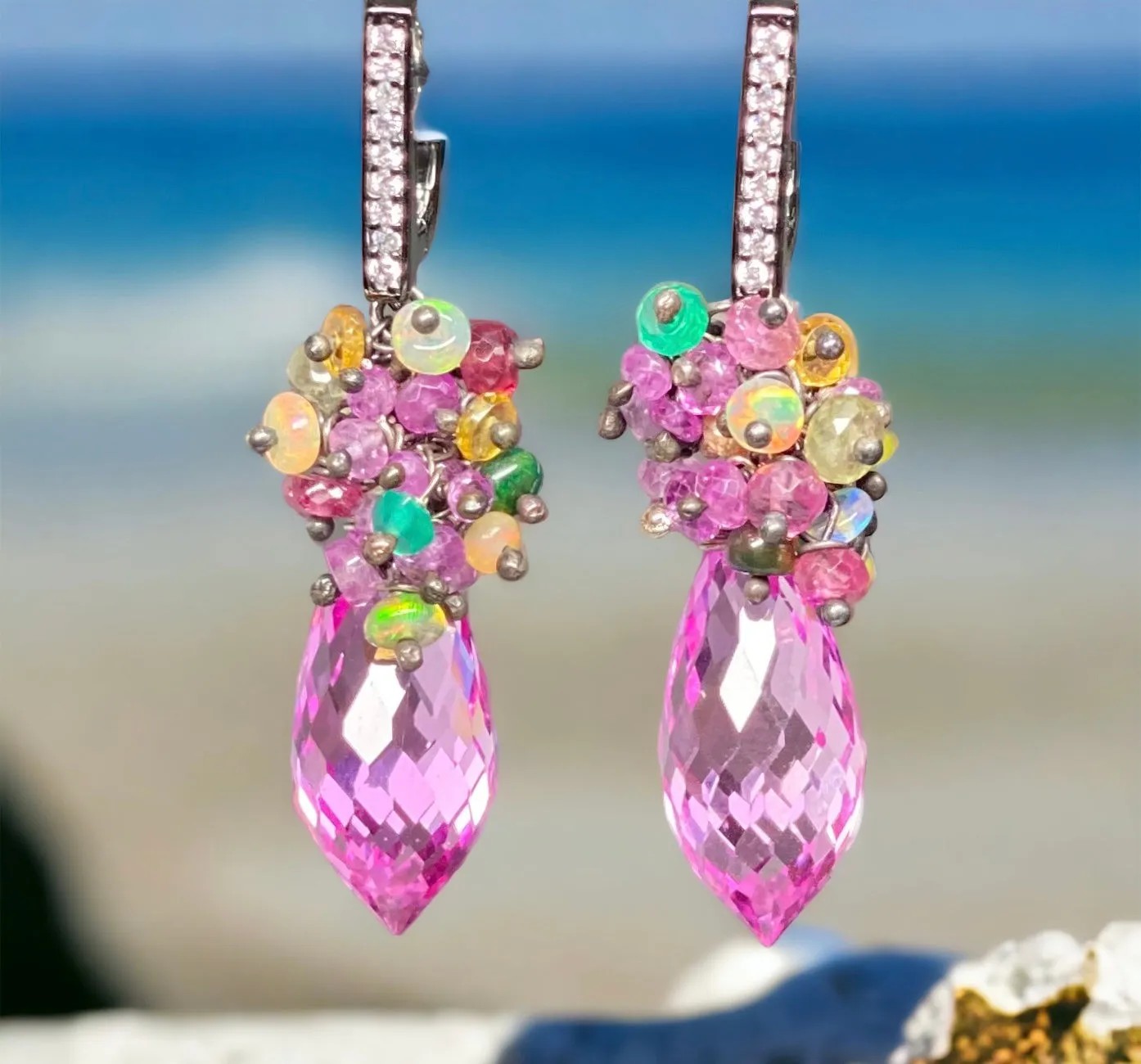 Pink Topaz and Opal Sapphire Cluster Earrings in Oxidized Silver