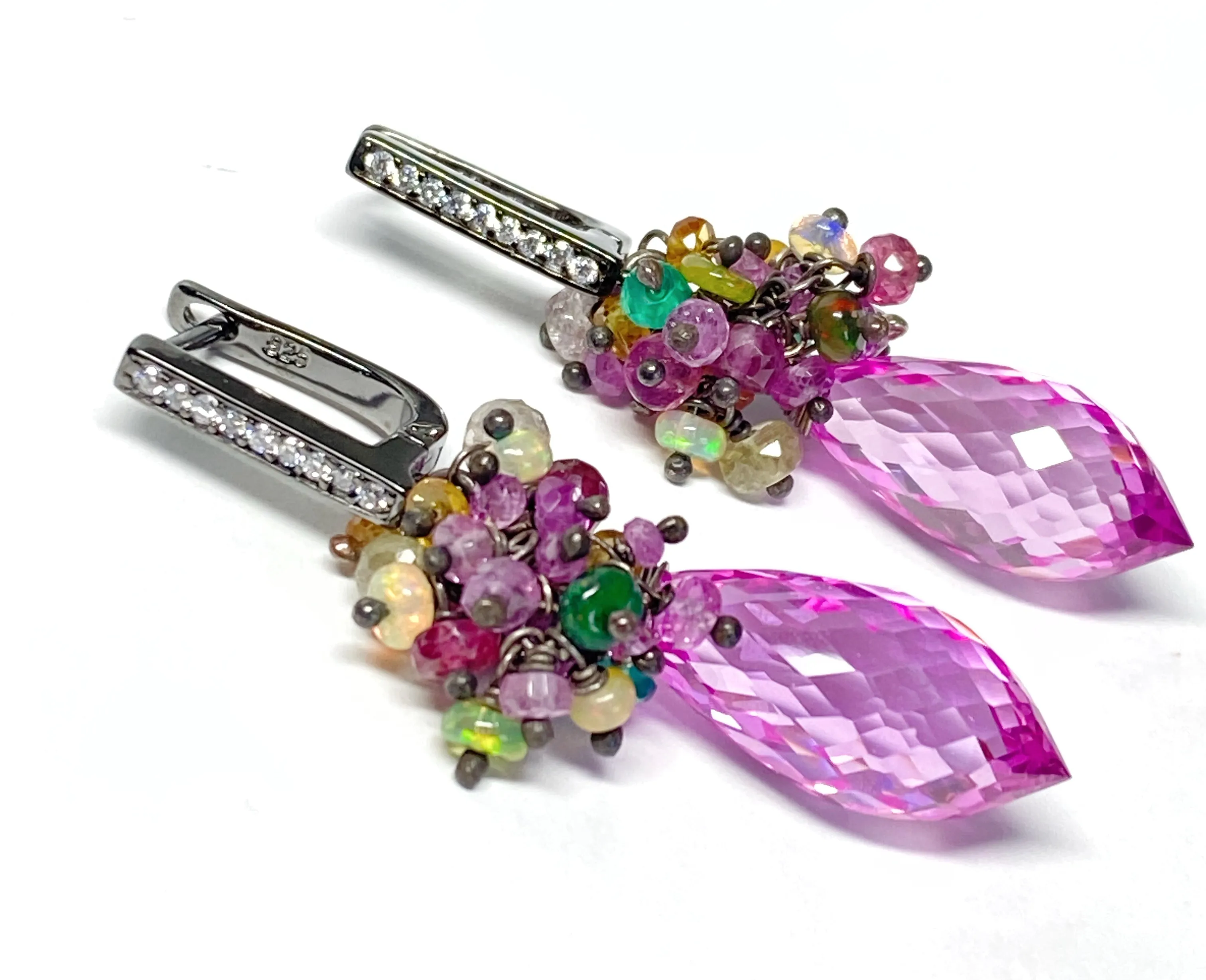 Pink Topaz and Opal Sapphire Cluster Earrings in Oxidized Silver