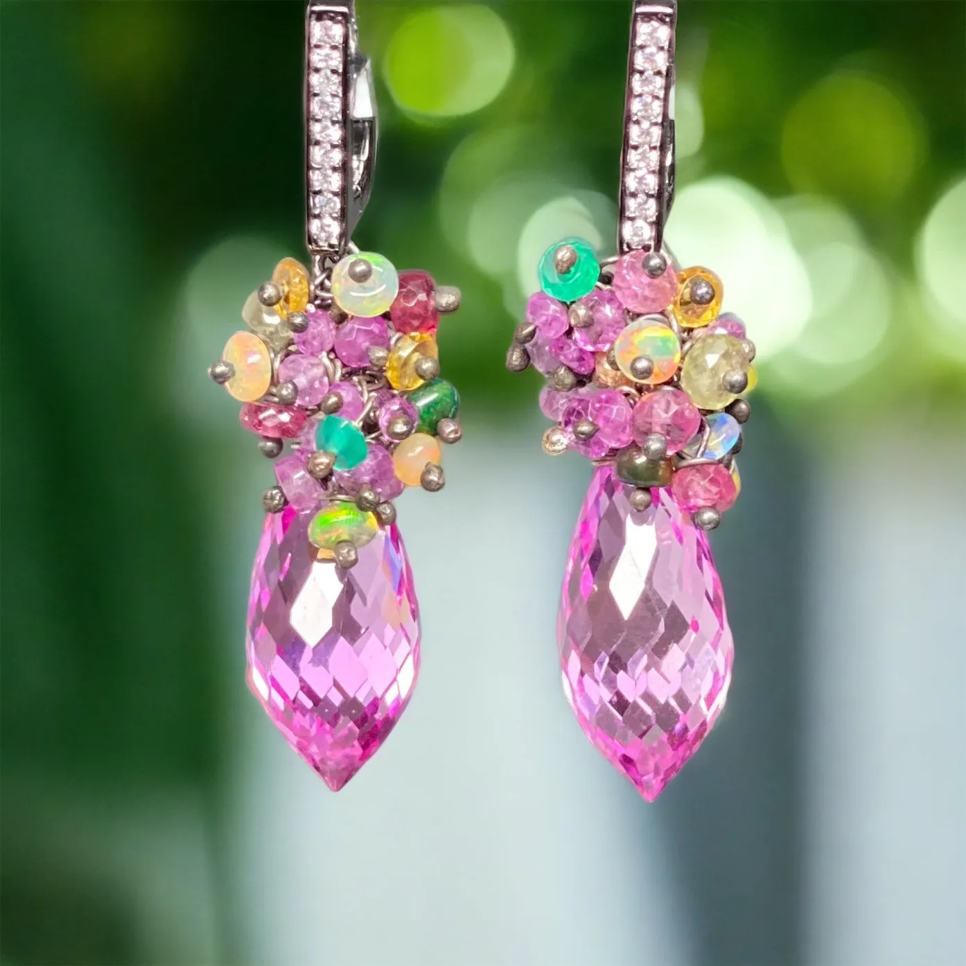 Pink Topaz and Opal Sapphire Cluster Earrings in Oxidized Silver