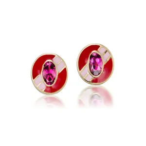 Pink Tourmaline Oval Striped Enamel Cocktail Stud Earrings
