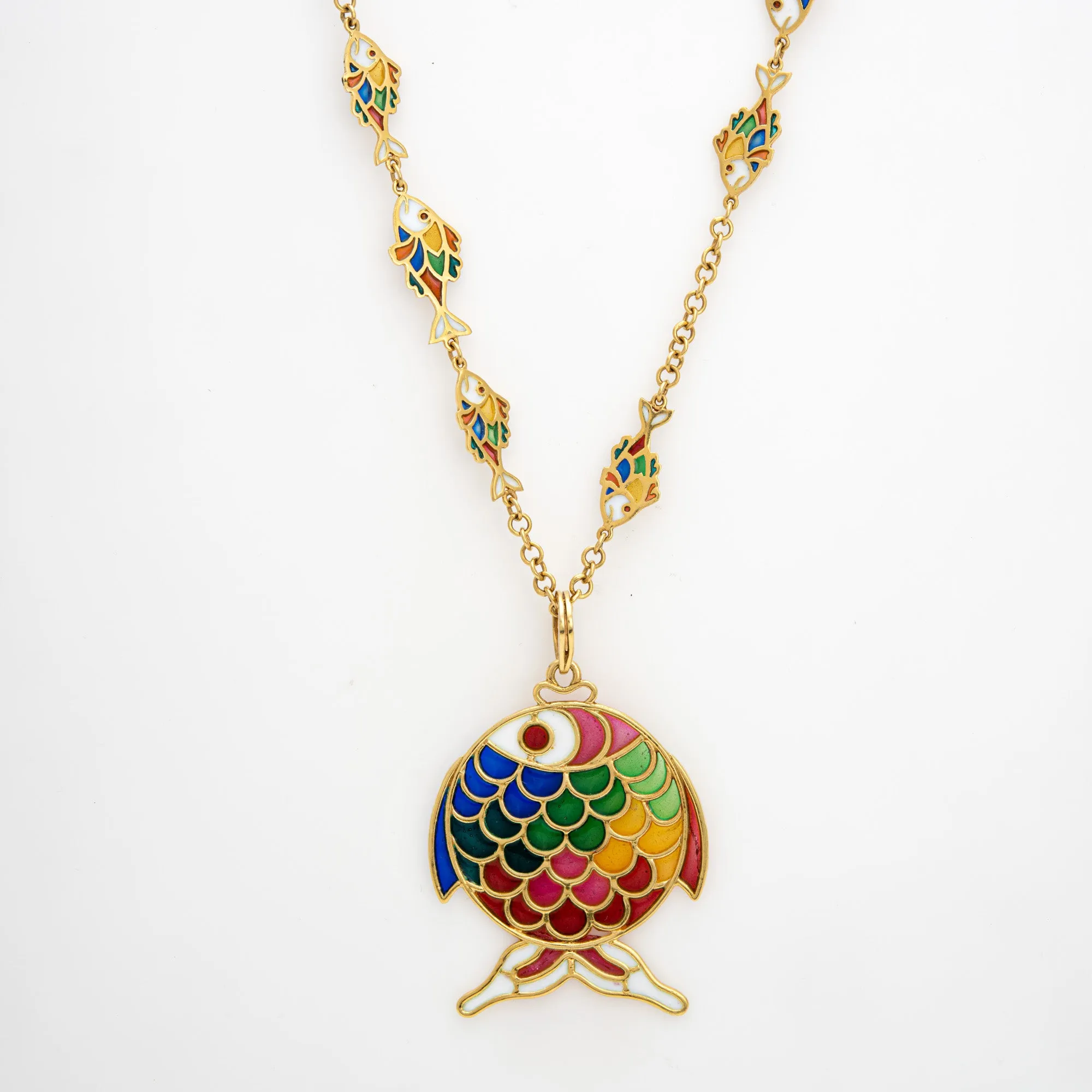 Plique a Jour Fish Necklace Vintage 18k Yellow Gold 26" Chain Estate Jewelry