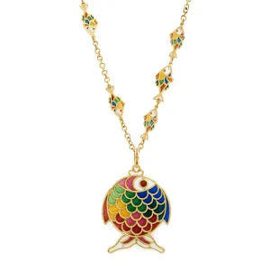 Plique a Jour Fish Necklace Vintage 18k Yellow Gold 26" Chain Estate Jewelry