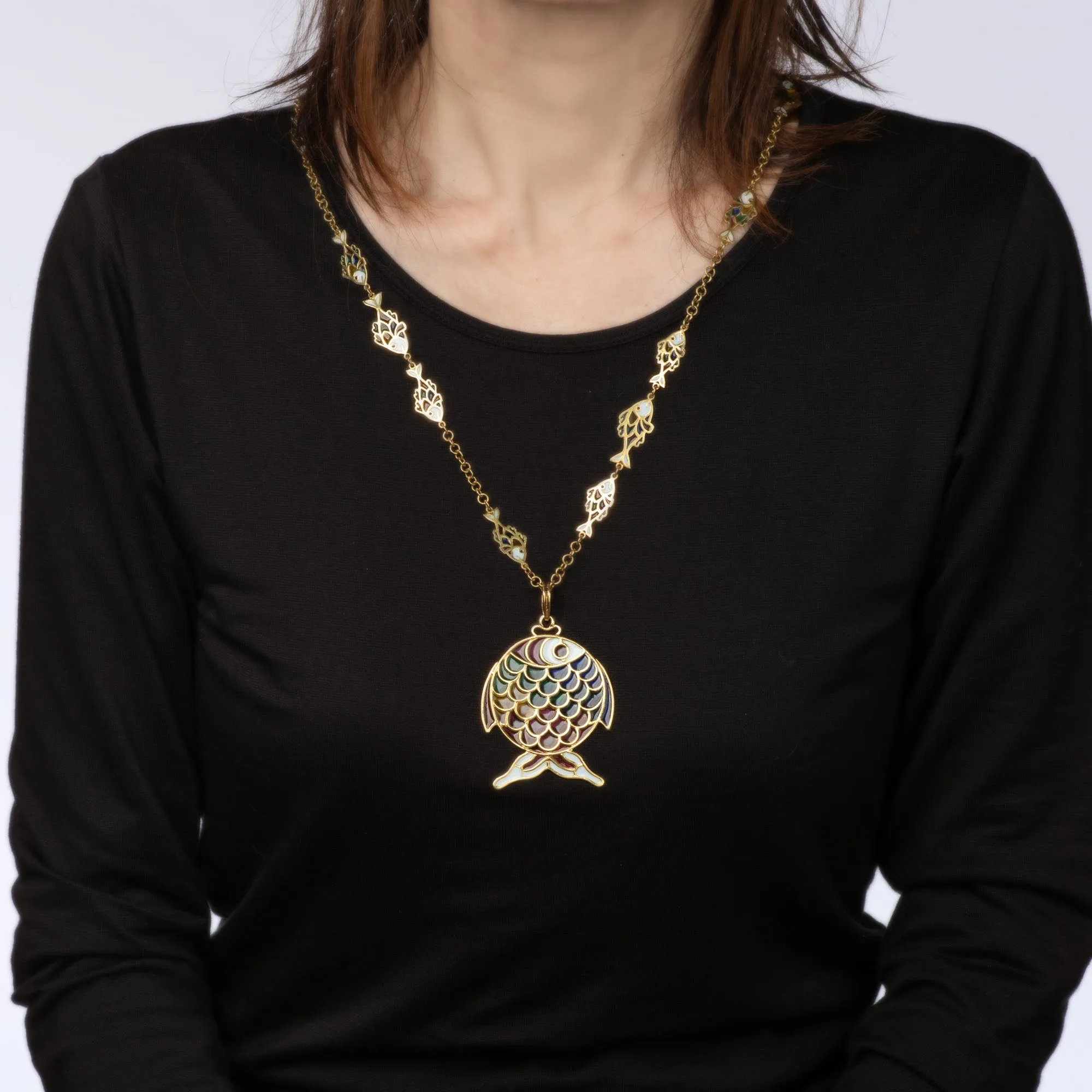 Plique a Jour Fish Necklace Vintage 18k Yellow Gold 26" Chain Estate Jewelry