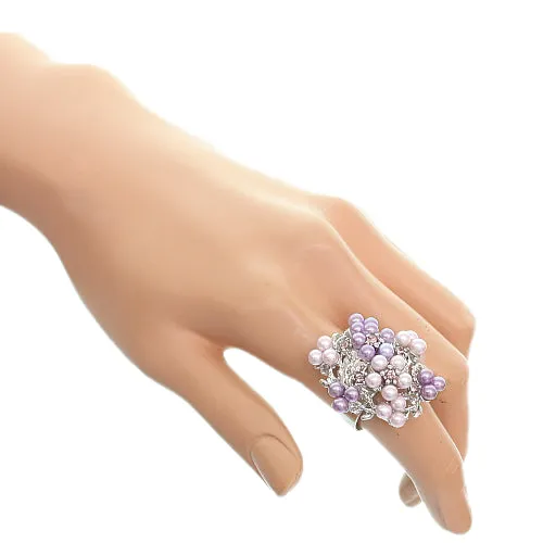 Purple Faux Pearl Adjustable Cluster Cocktail Ring
