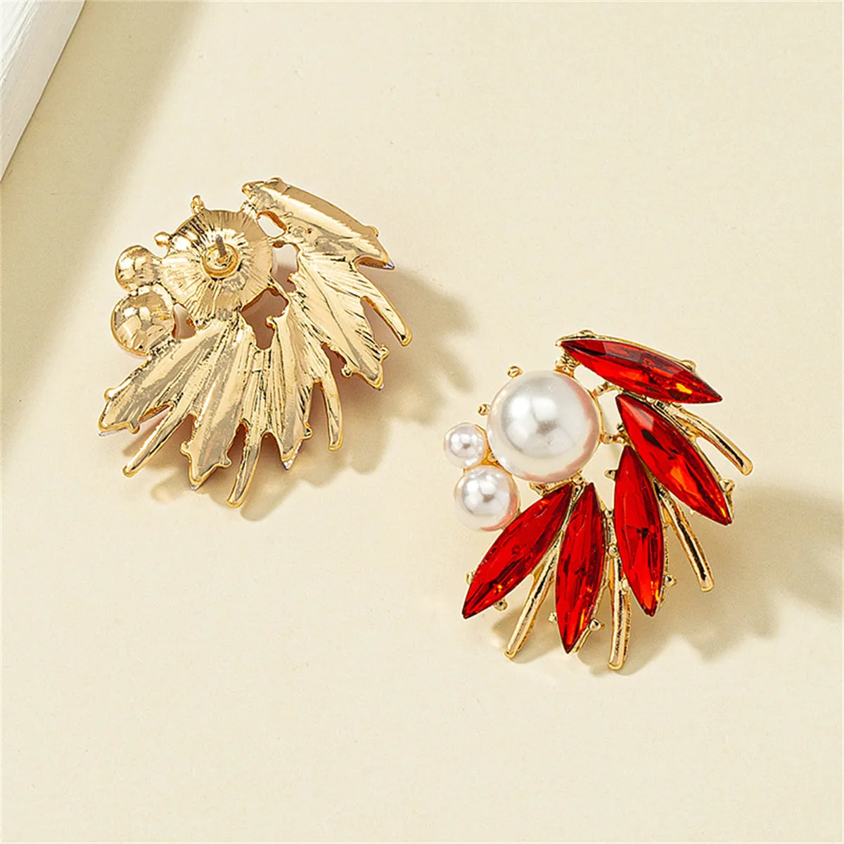 Red Crystal & Pearl 18K Gold-Plated Marquise-Cut Stud Earring