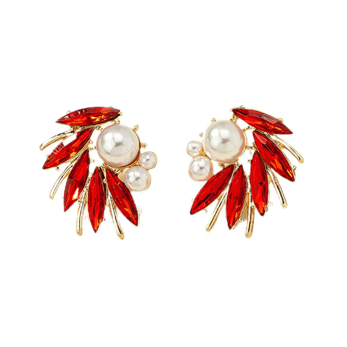 Red Crystal & Pearl 18K Gold-Plated Marquise-Cut Stud Earring