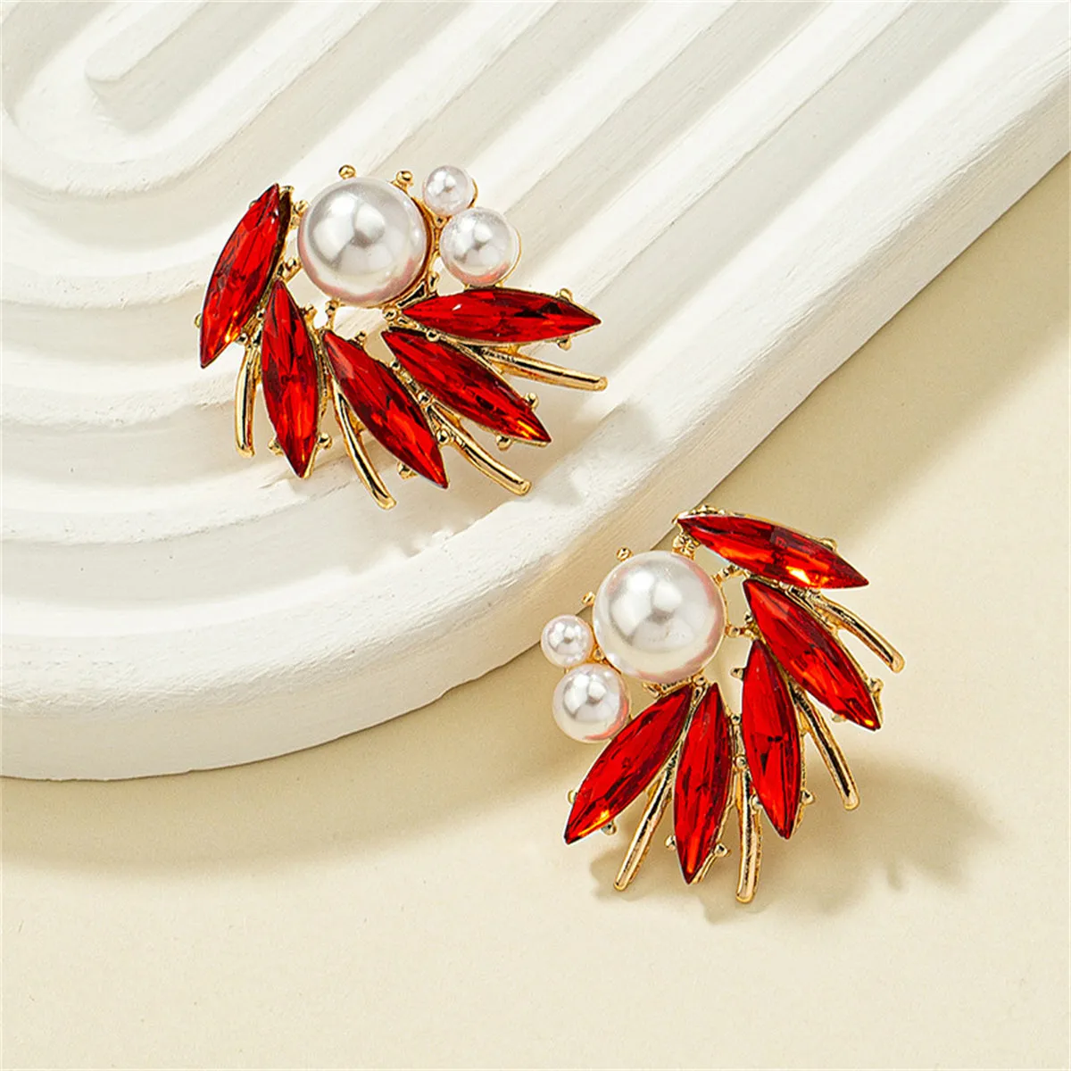 Red Crystal & Pearl 18K Gold-Plated Marquise-Cut Stud Earring