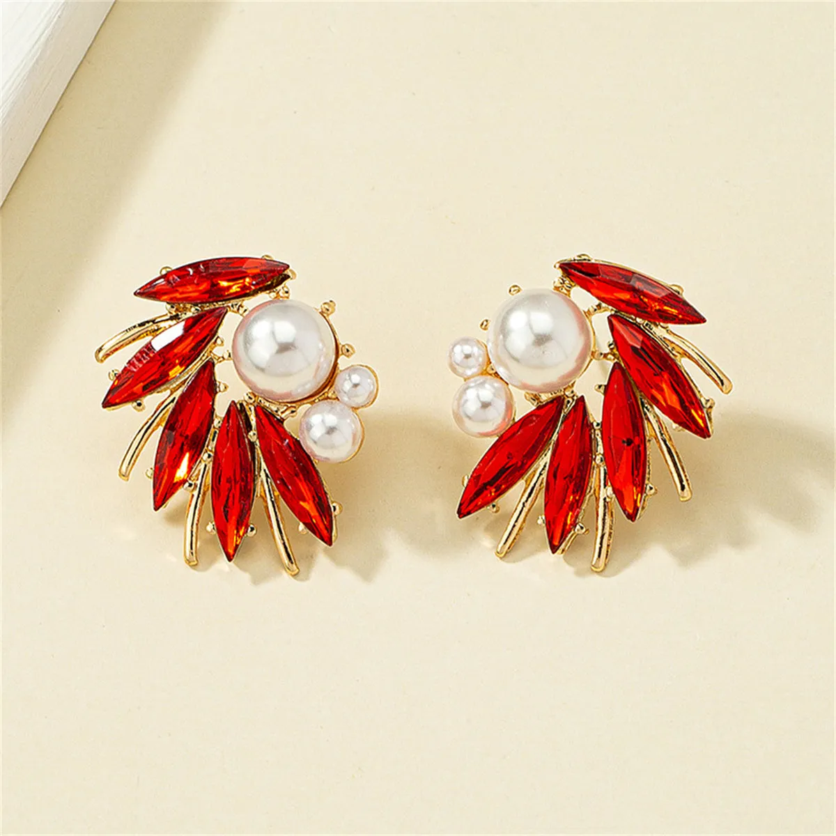 Red Crystal & Pearl 18K Gold-Plated Marquise-Cut Stud Earring