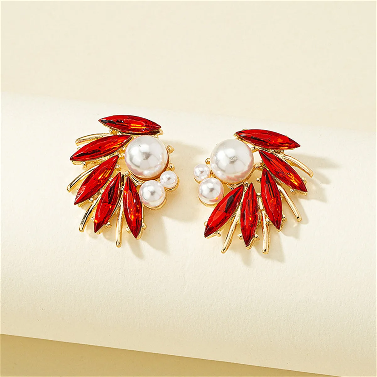 Red Crystal & Pearl 18K Gold-Plated Marquise-Cut Stud Earring