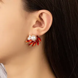Red Crystal & Pearl 18K Gold-Plated Marquise-Cut Stud Earring