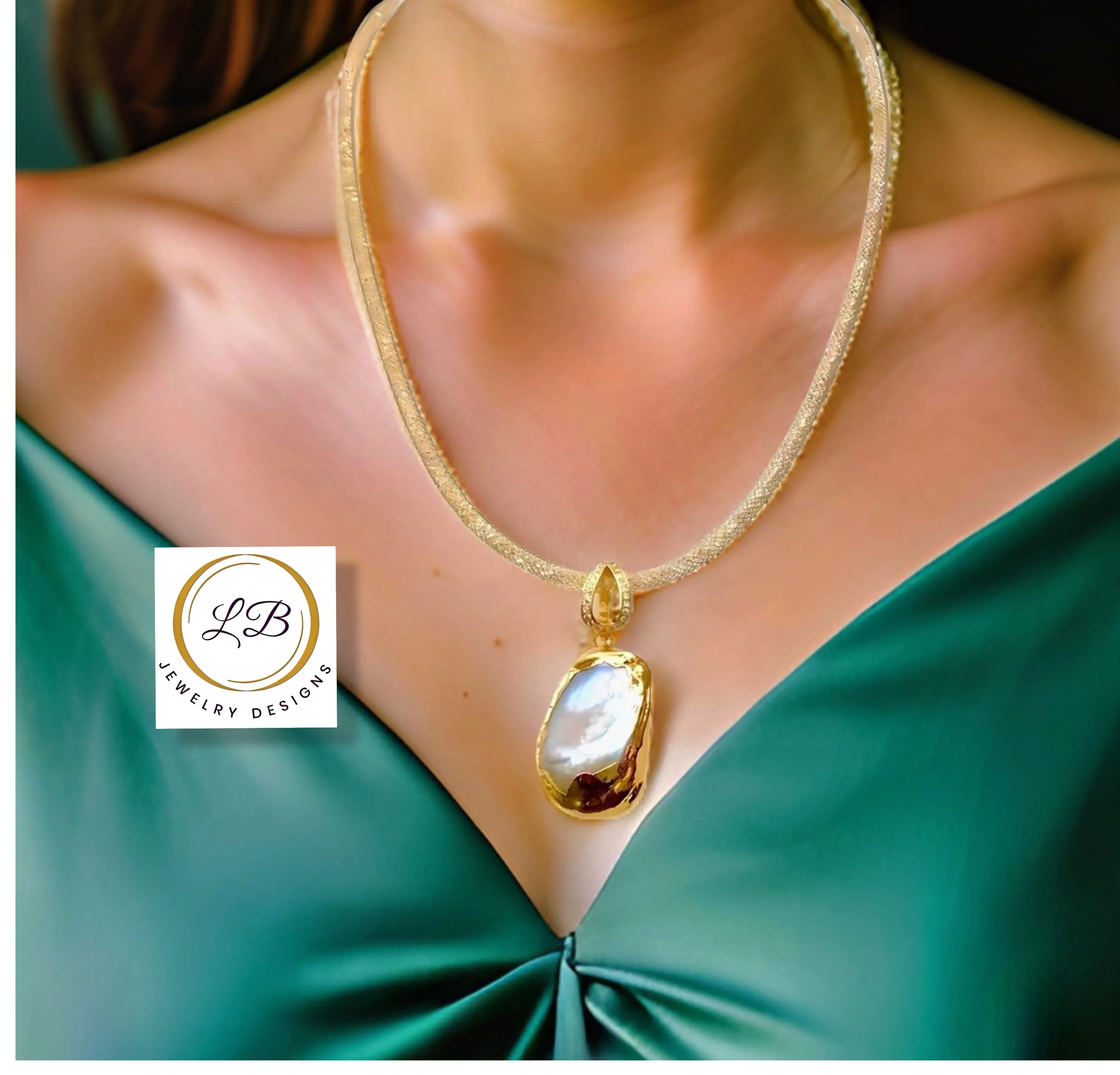 Regal White Keshi Pearl Gold Pendant Necklace 19”