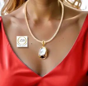 Regal White Keshi Pearl Gold Pendant Necklace 19”
