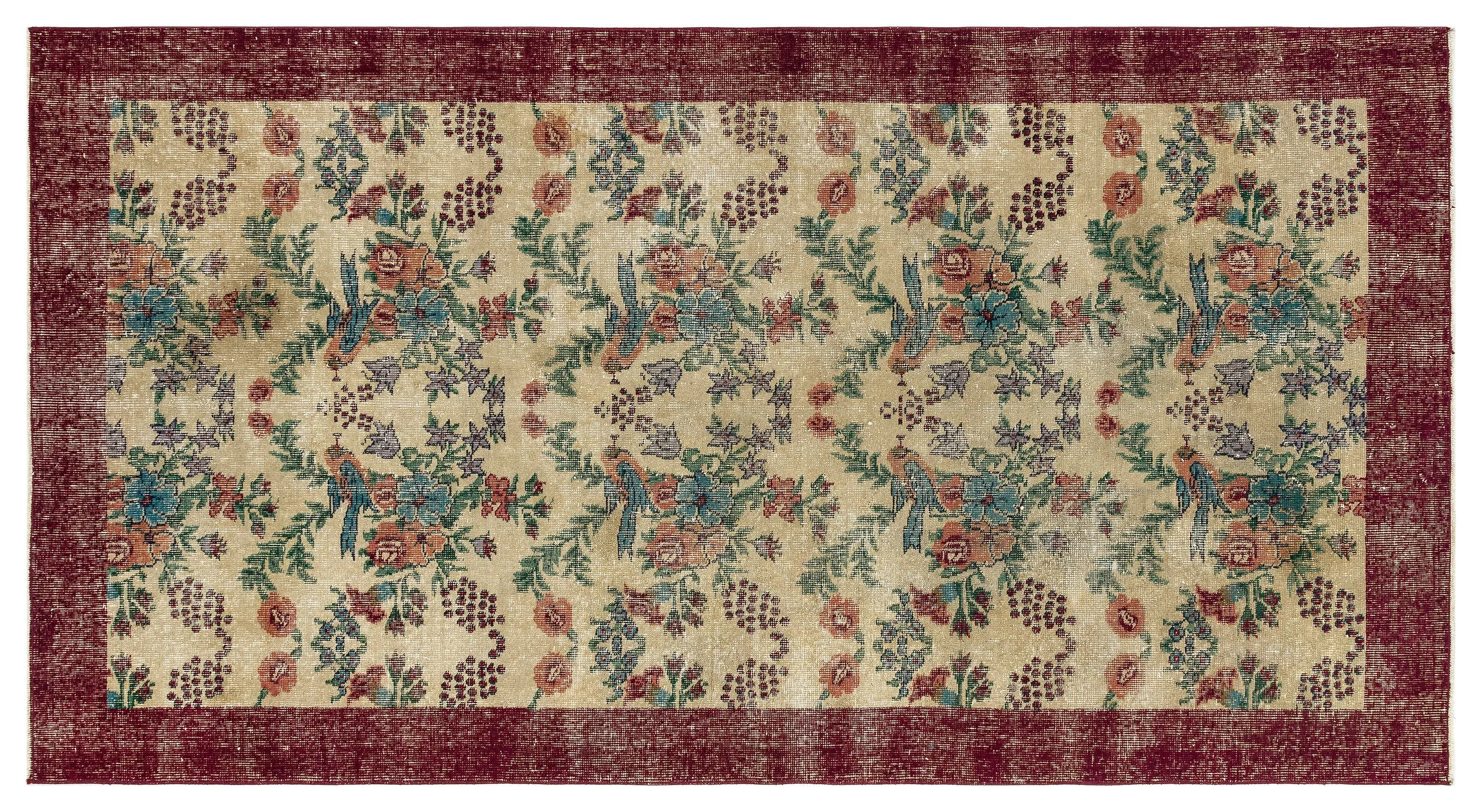 Retro Design Floral Over Dyed Vintage Rug 4'4'' x 8'1'' ft 133 x 247 cm