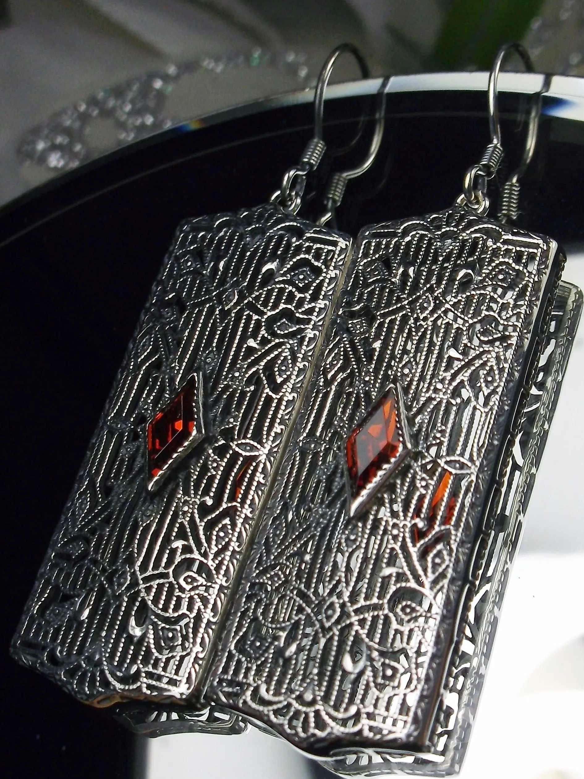 Ruby Earrings Sterling Silver Art Deco 1920's Revival Jewelry #E64