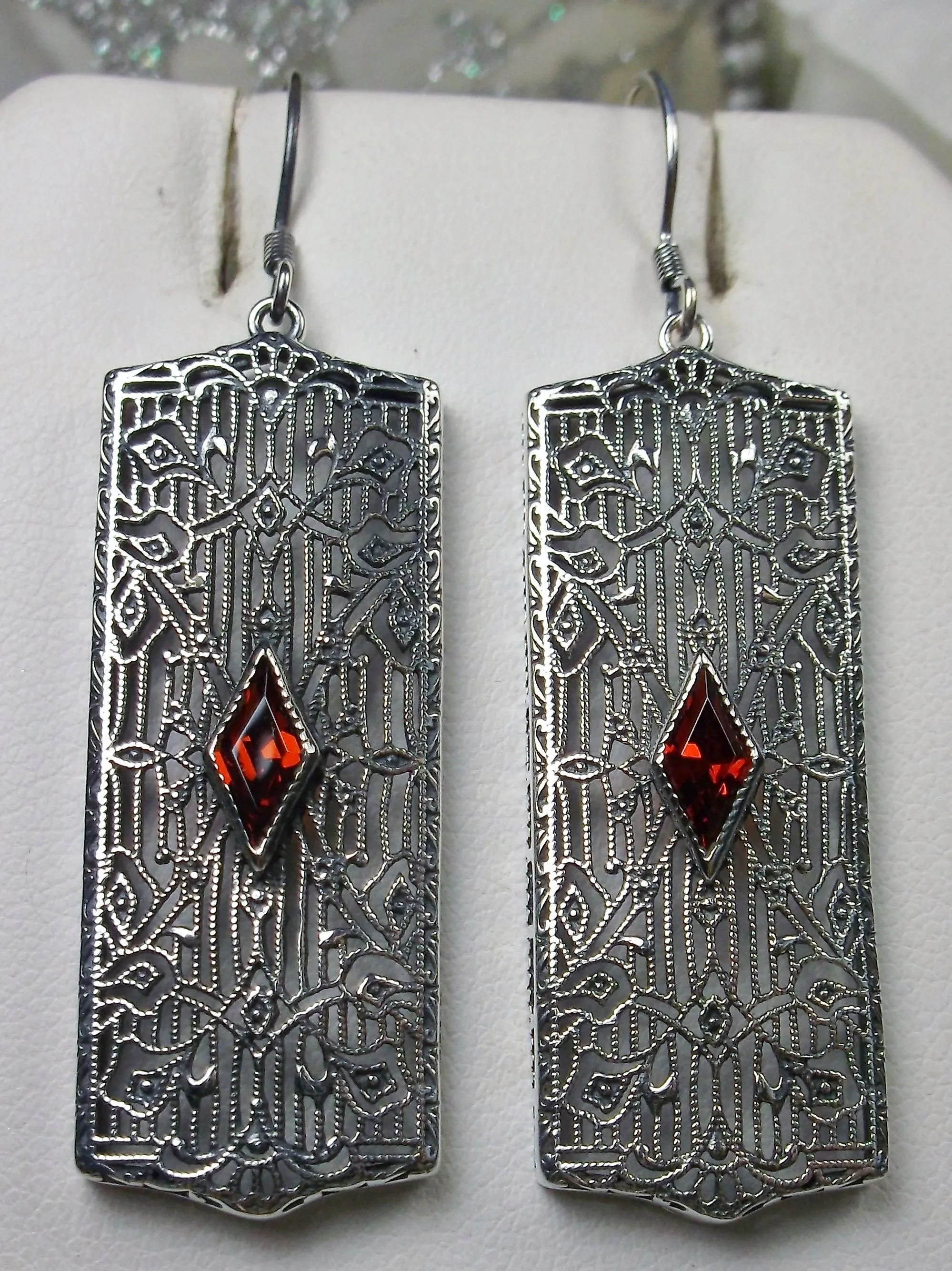 Ruby Earrings Sterling Silver Art Deco 1920's Revival Jewelry #E64
