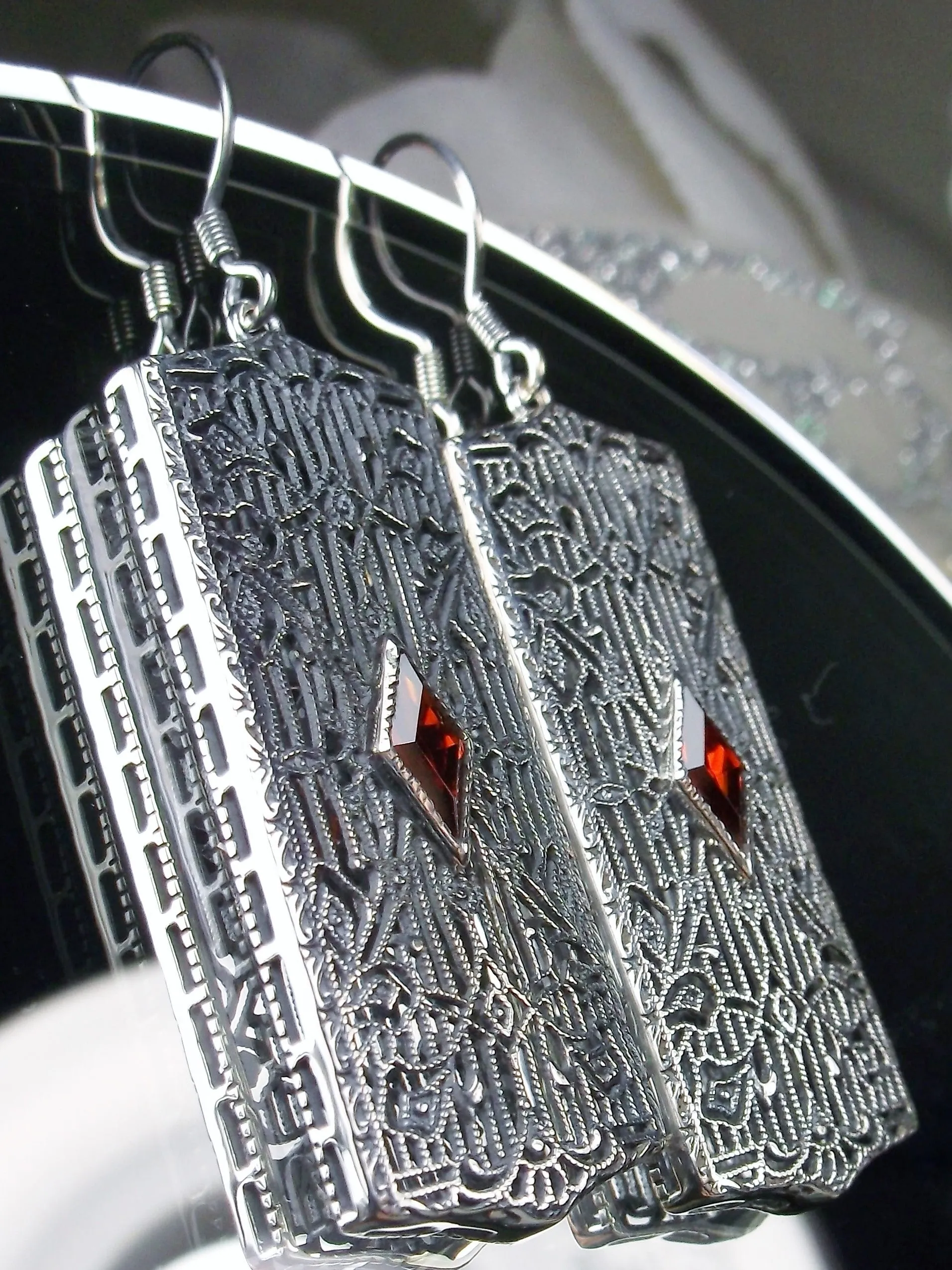 Ruby Earrings Sterling Silver Art Deco 1920's Revival Jewelry #E64