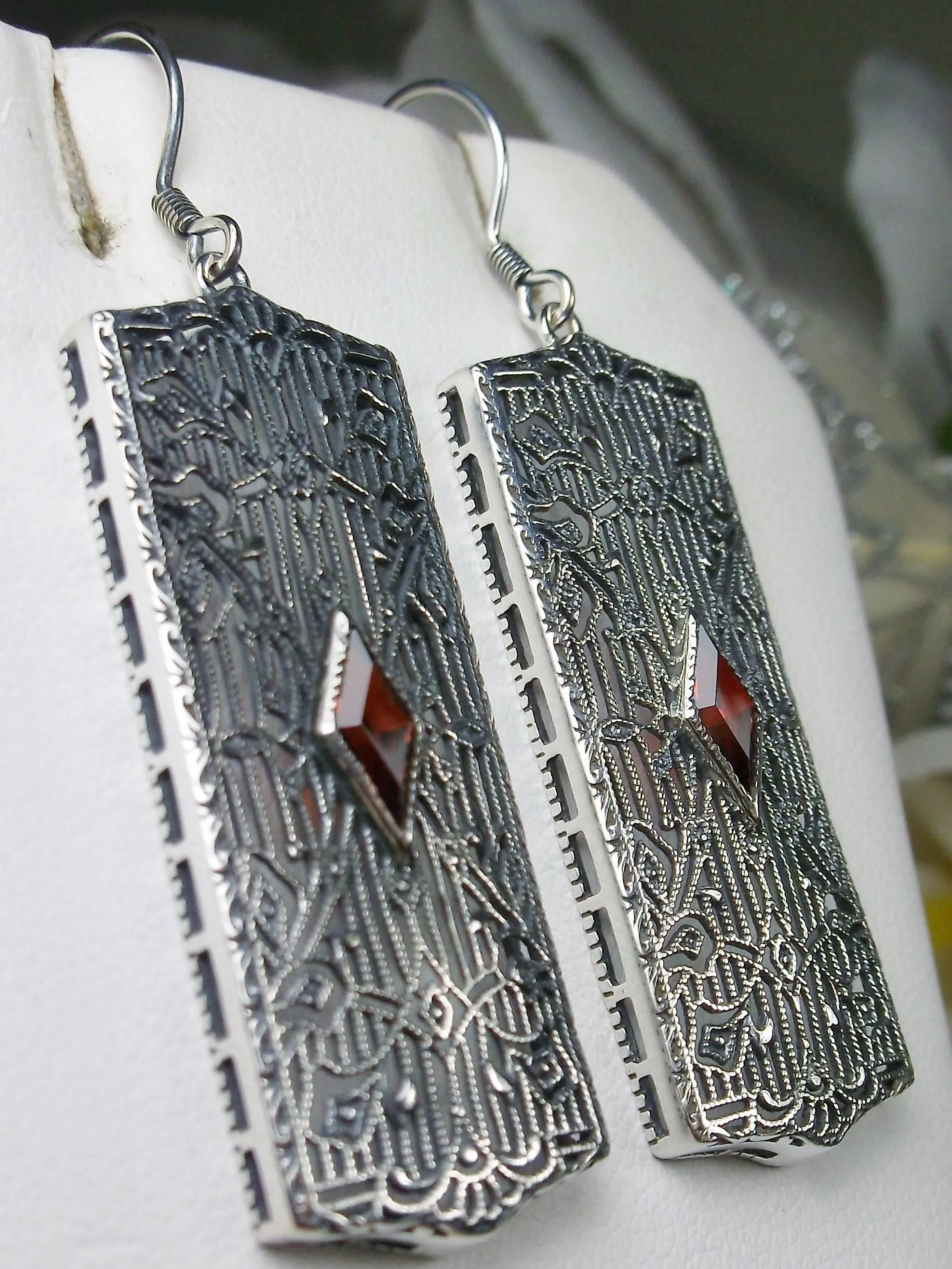 Ruby Earrings Sterling Silver Art Deco 1920's Revival Jewelry #E64