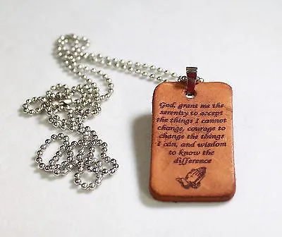 SERENITY PRAYER LEATHER  DOG TAG PENDANT NECKLACE