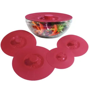 Silicone Bowl Lids Red, Set of 5 Reusable Suction Seal Covers for Bowls, Pots, Cups. Food Safe Natural grip, interlocking handles for easy use and storage.