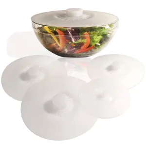 Silicone Bowl Lids White, Set of 5 Reusable Suction Seal Covers for Bowls, Pots, Cups. Food Safe. Natural grip, interlocking handles for easy use and storage.