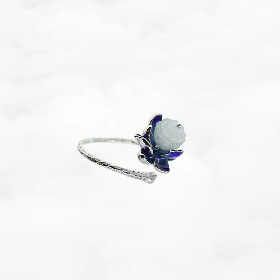 Silver Enamel Lotus Ring