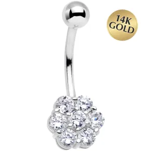 Solid 14kt White Gold Gem Flower Belly Ring-16 Gauge