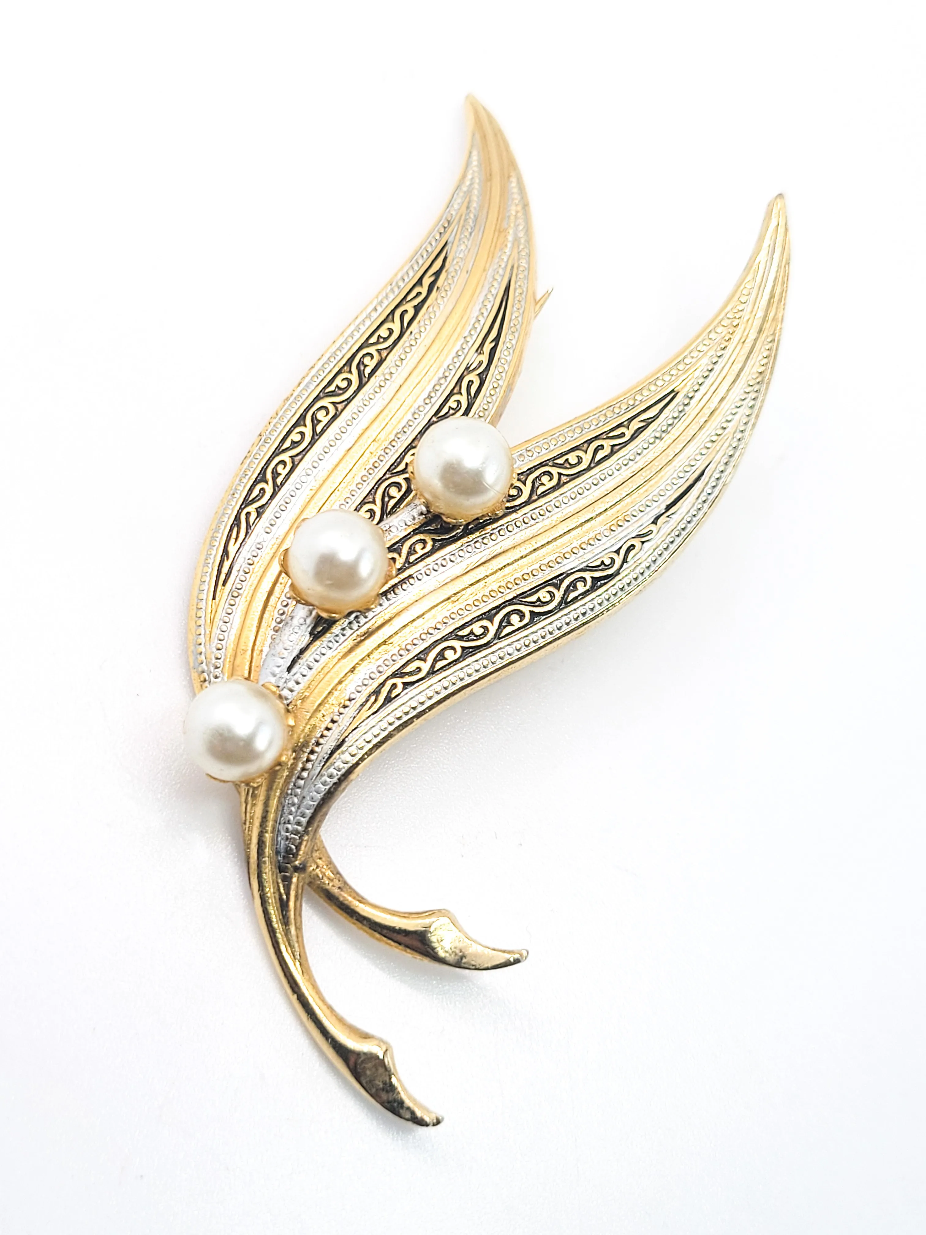 Spanish Damascene gold toned black and white enamel pearl vintage brooch