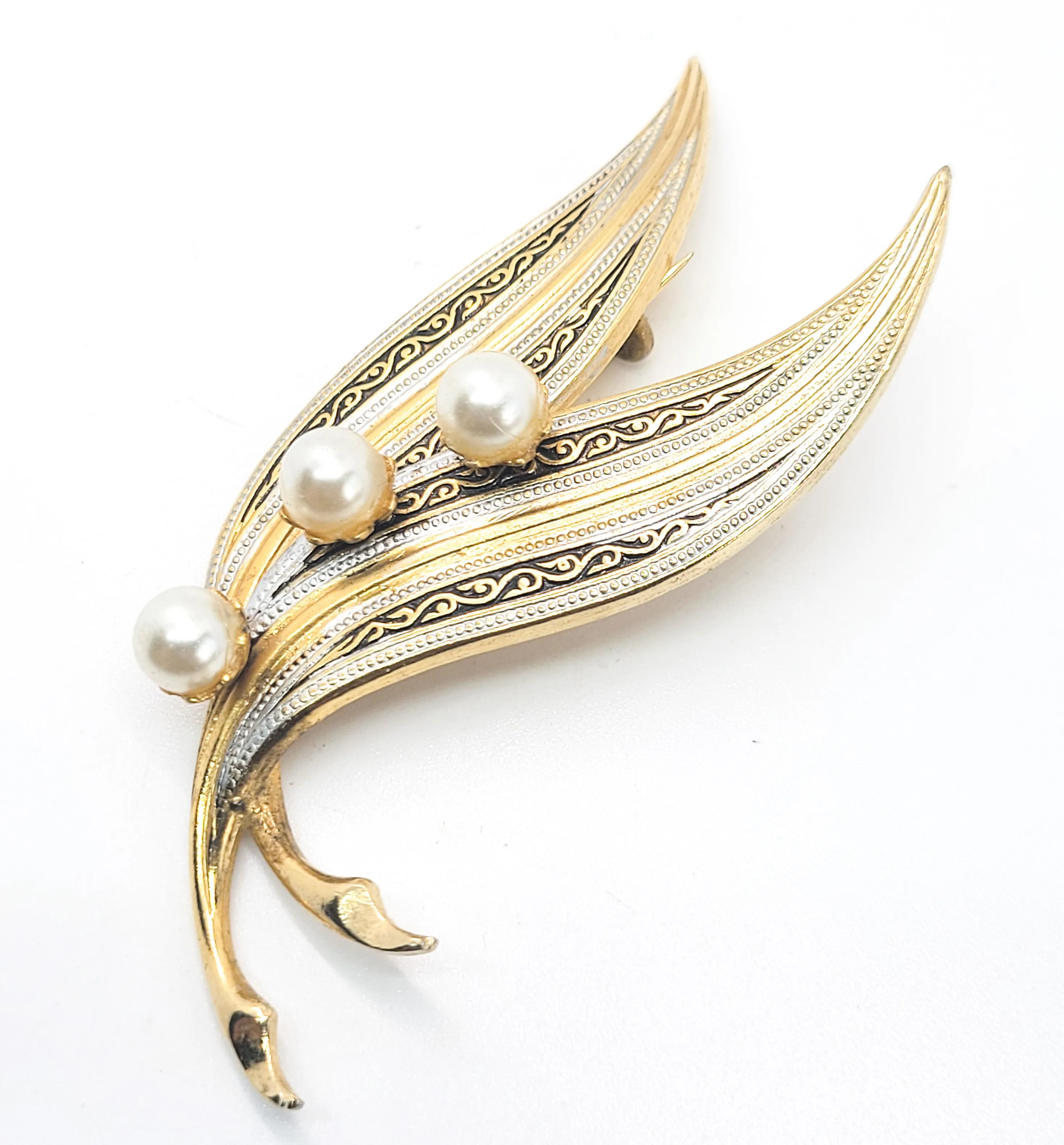 Spanish Damascene gold toned black and white enamel pearl vintage brooch