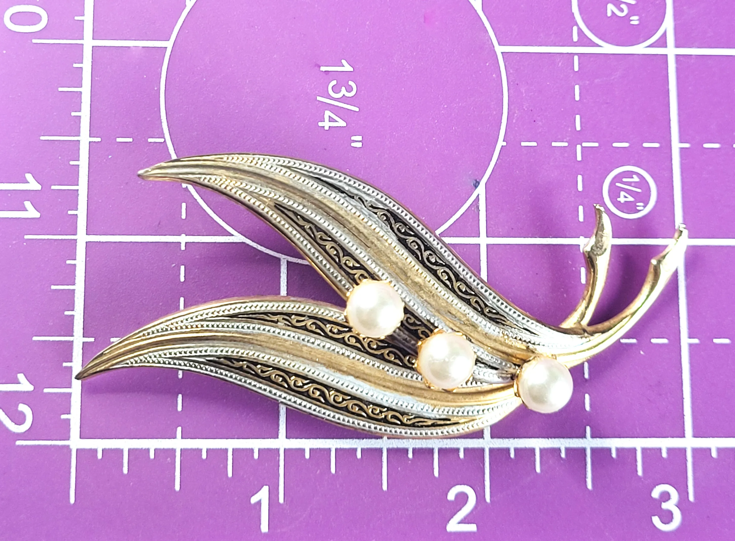 Spanish Damascene gold toned black and white enamel pearl vintage brooch