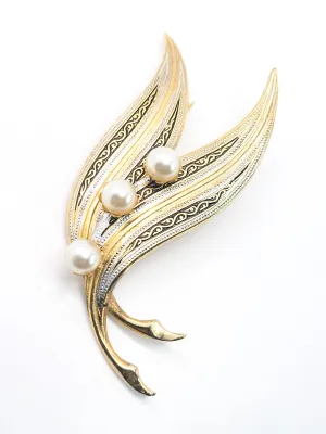 Spanish Damascene gold toned black and white enamel pearl vintage brooch