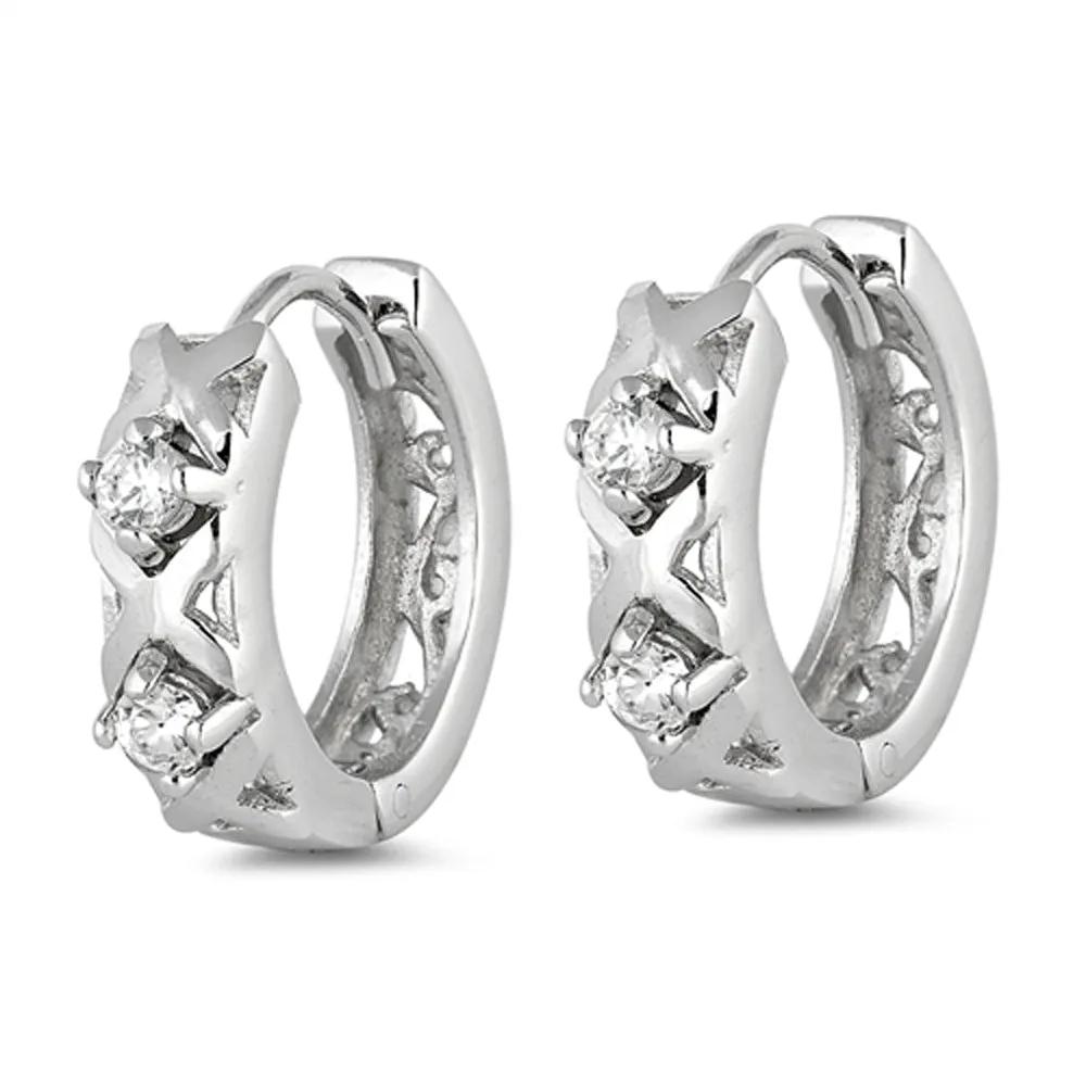 Sterling Silver Modern Hoop Criss Cross Studded Simple X Earrings Clear CZ 925