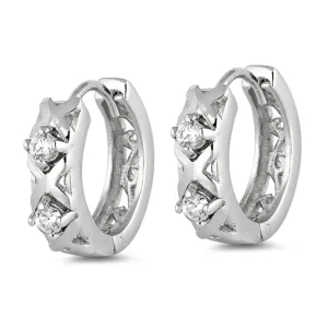 Sterling Silver Modern Hoop Criss Cross Studded Simple X Earrings Clear CZ 925