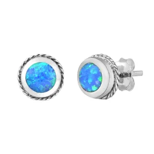 Sterling Silver Rope Halo Circle Boho Simple Earrings Blue Synthetic Opal 925
