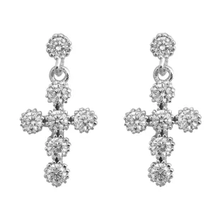 Sterling Silver Simple Studded Cross Flower Elegant Dangle Earrings Clear CZ 925