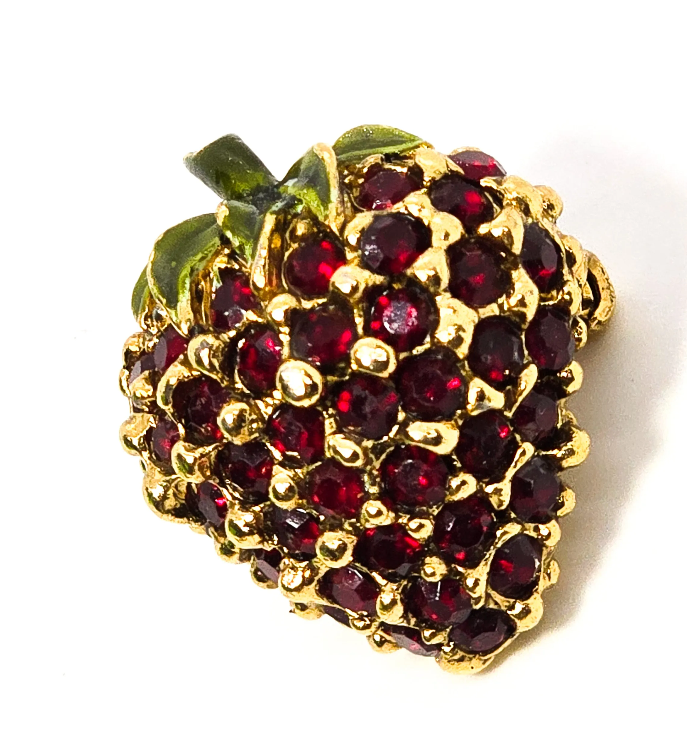 Strawberry red rhinestone and green enamel vintage fruit food brooch