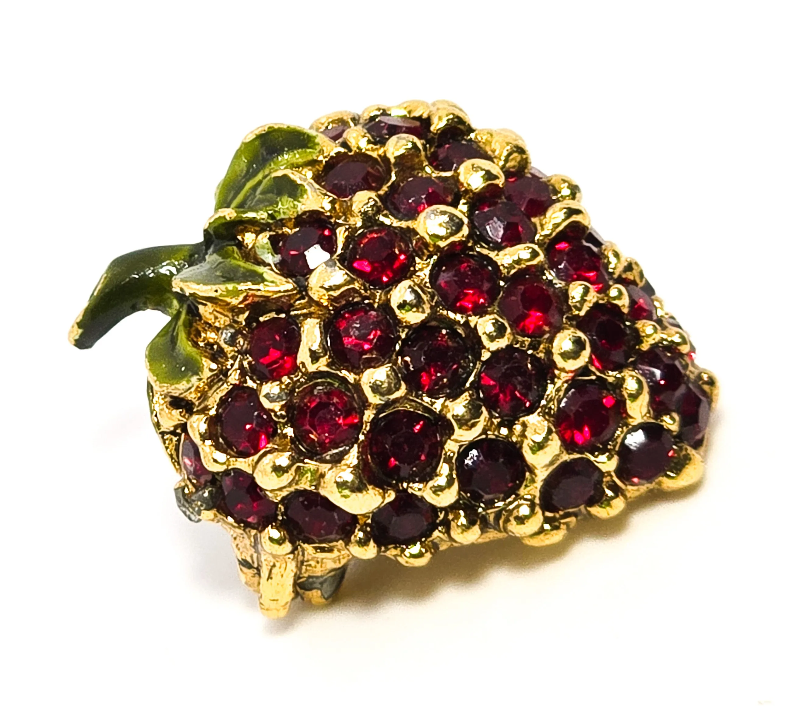 Strawberry red rhinestone and green enamel vintage fruit food brooch