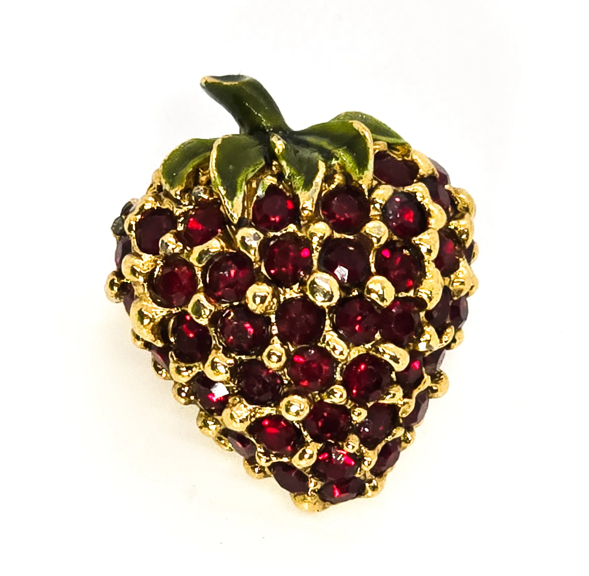 Strawberry red rhinestone and green enamel vintage fruit food brooch