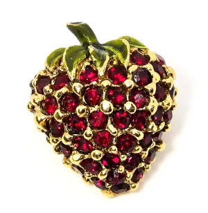 Strawberry red rhinestone and green enamel vintage fruit food brooch