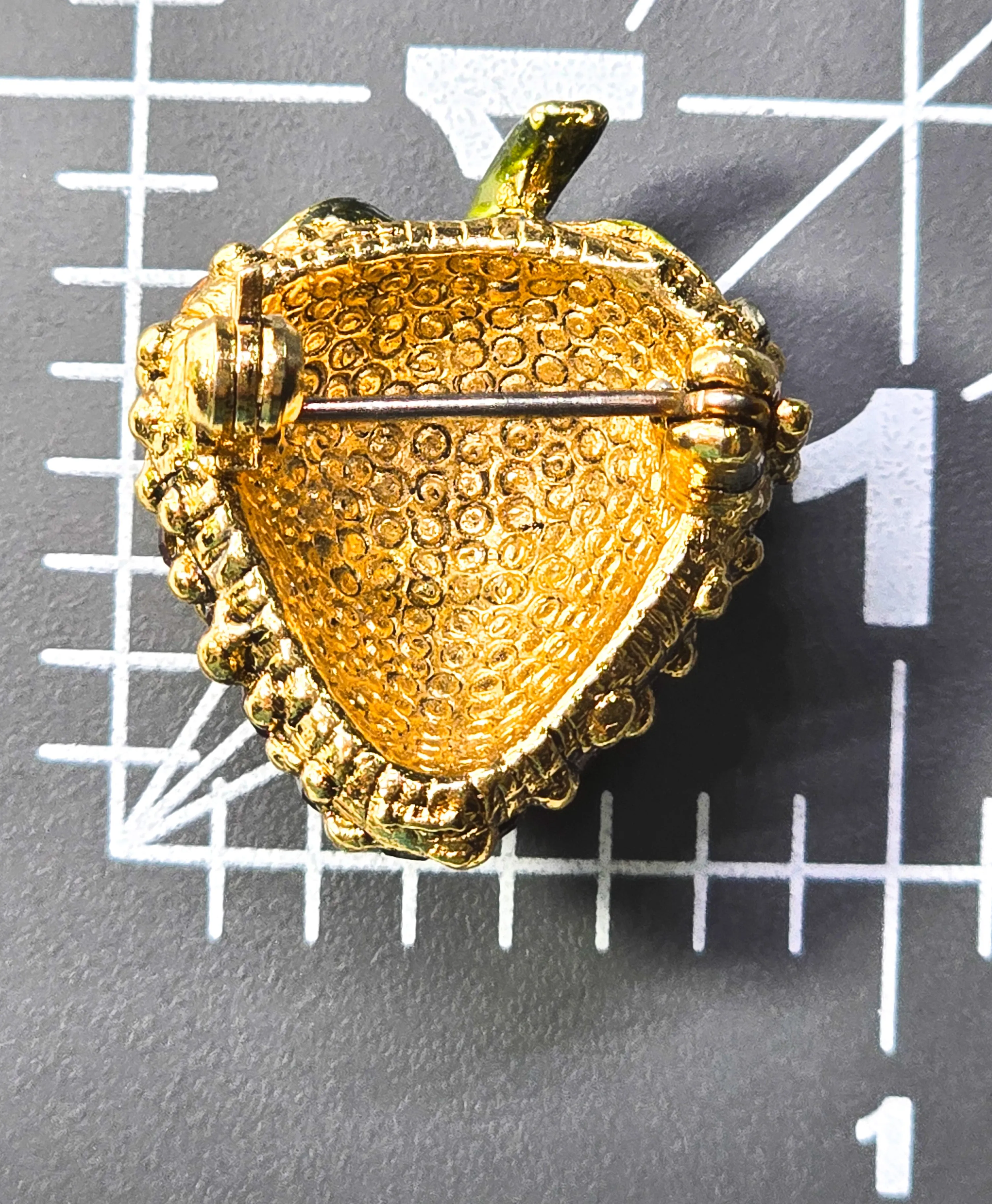 Strawberry red rhinestone and green enamel vintage fruit food brooch