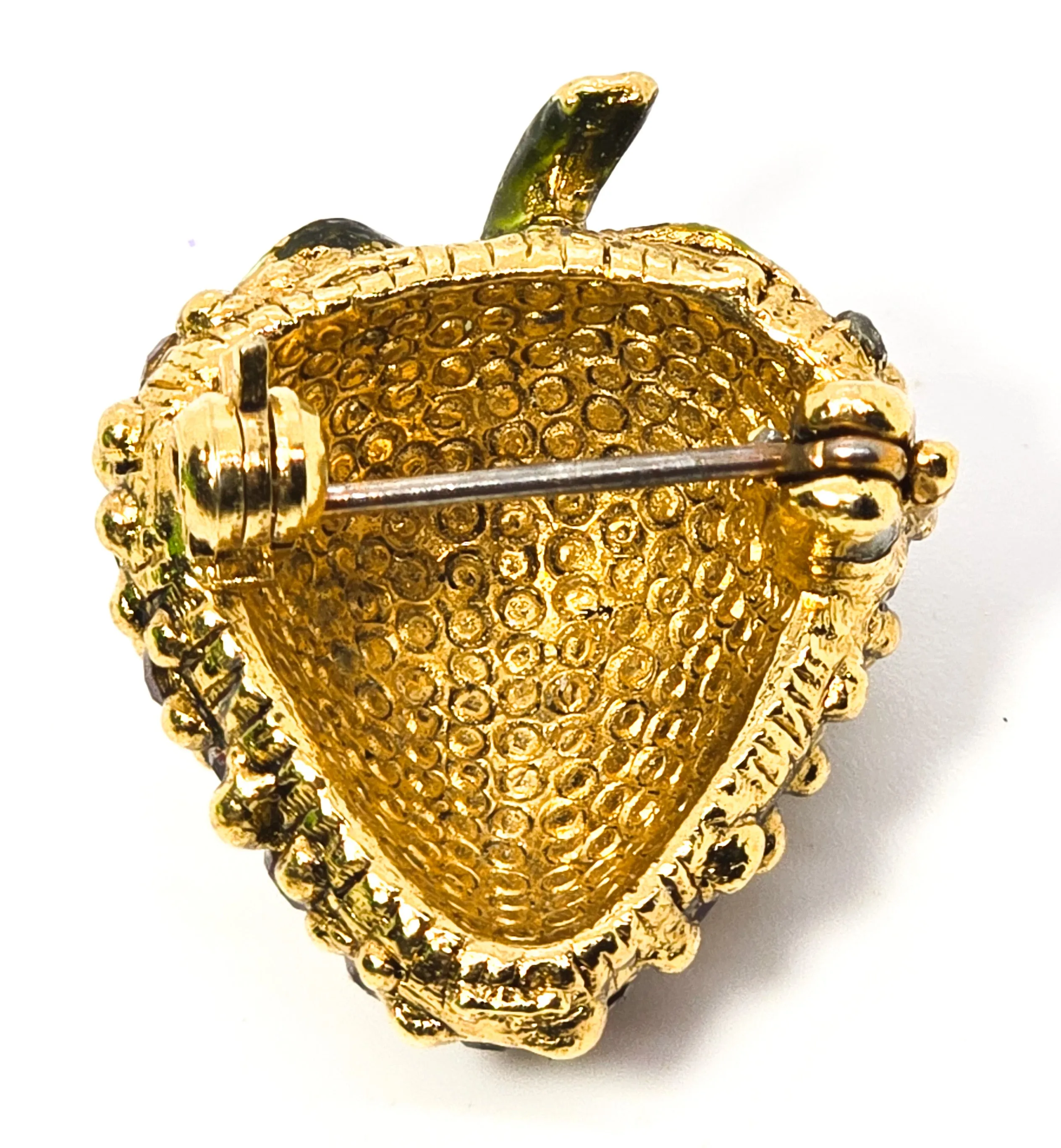Strawberry red rhinestone and green enamel vintage fruit food brooch