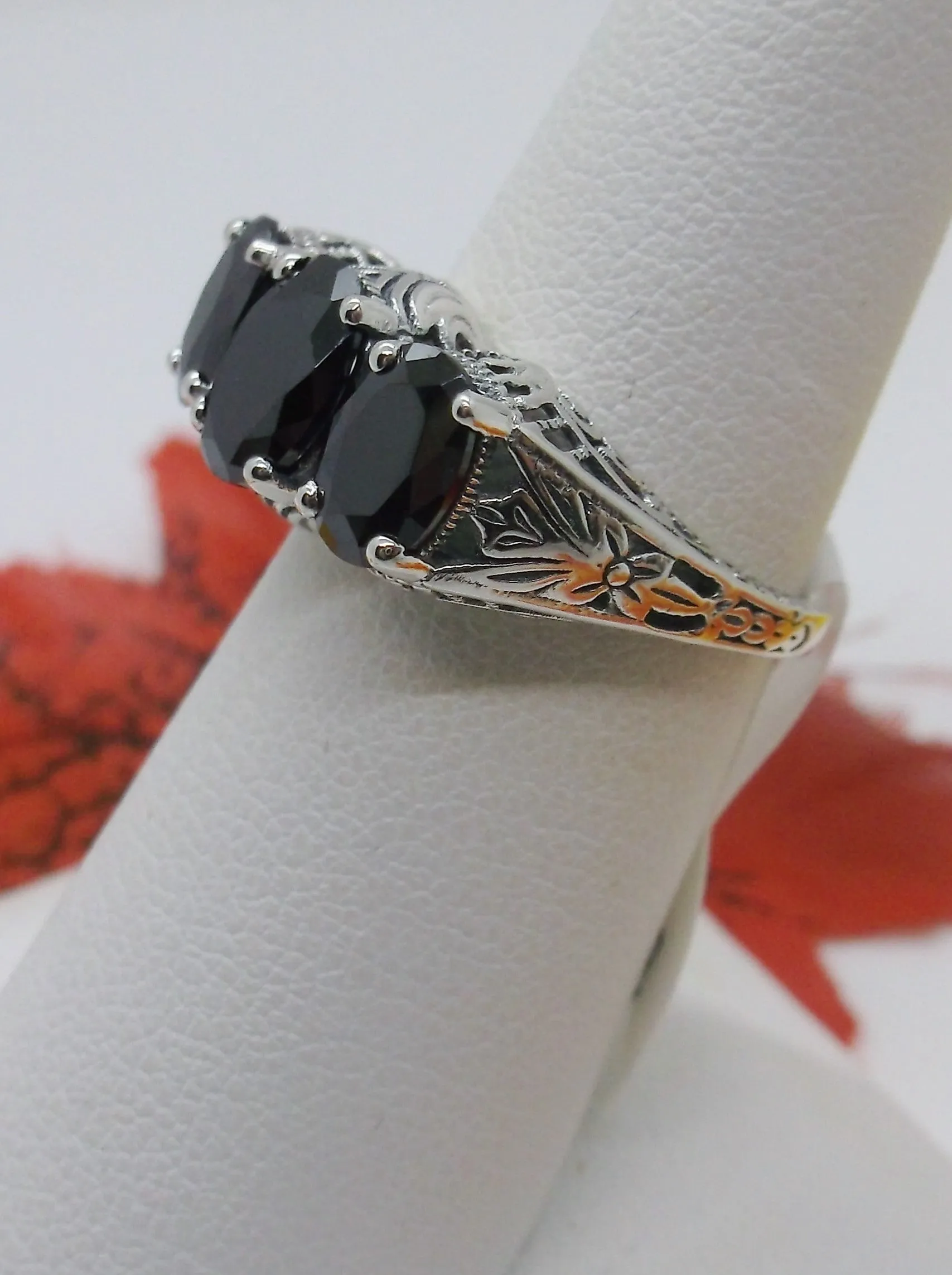 Trinity Black CZ Ring, Three Gem Art Deco Jewelry Design#D41