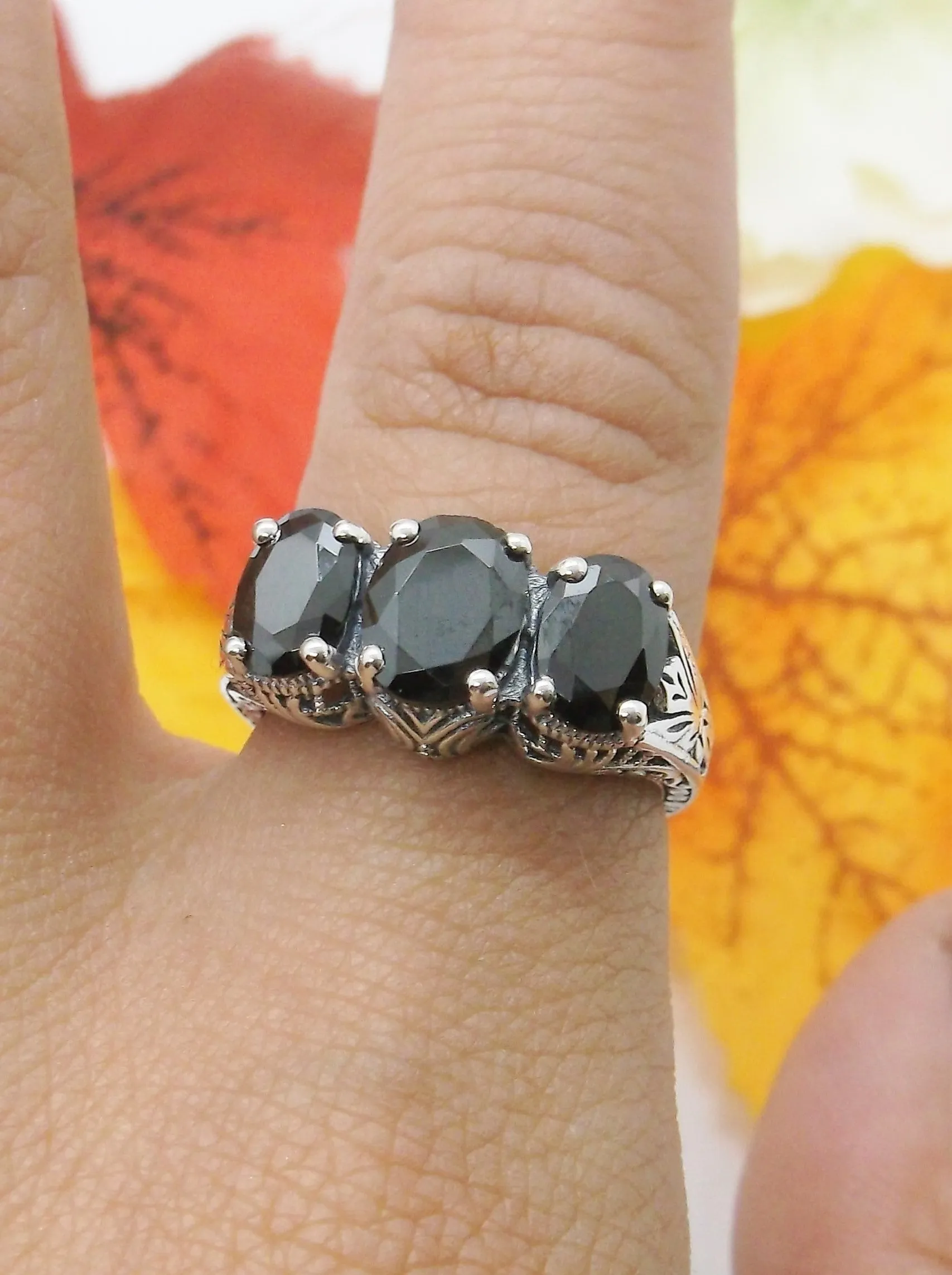 Trinity Black CZ Ring, Three Gem Art Deco Jewelry Design#D41