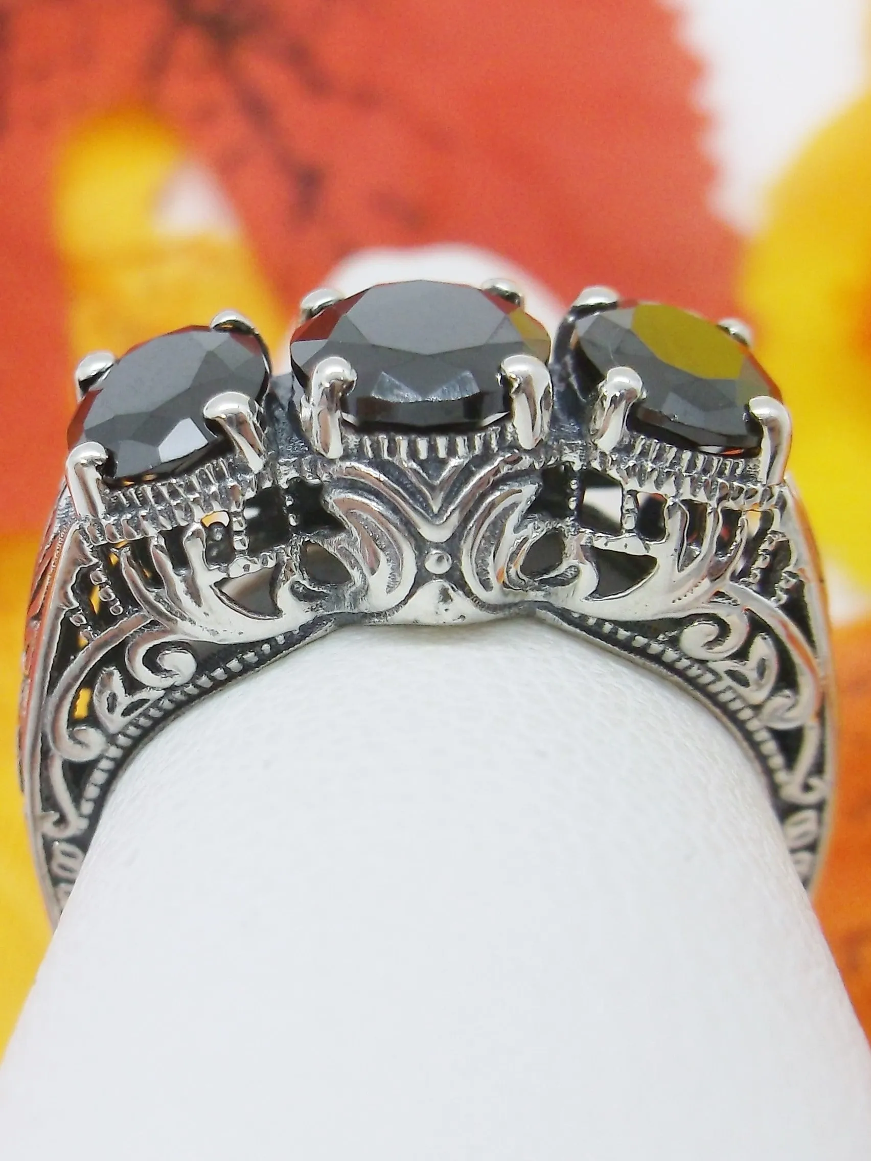 Trinity Black CZ Ring, Three Gem Art Deco Jewelry Design#D41