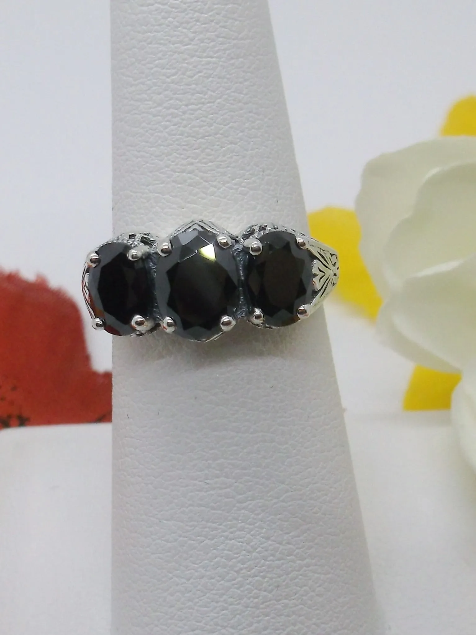 Trinity Black CZ Ring, Three Gem Art Deco Jewelry Design#D41