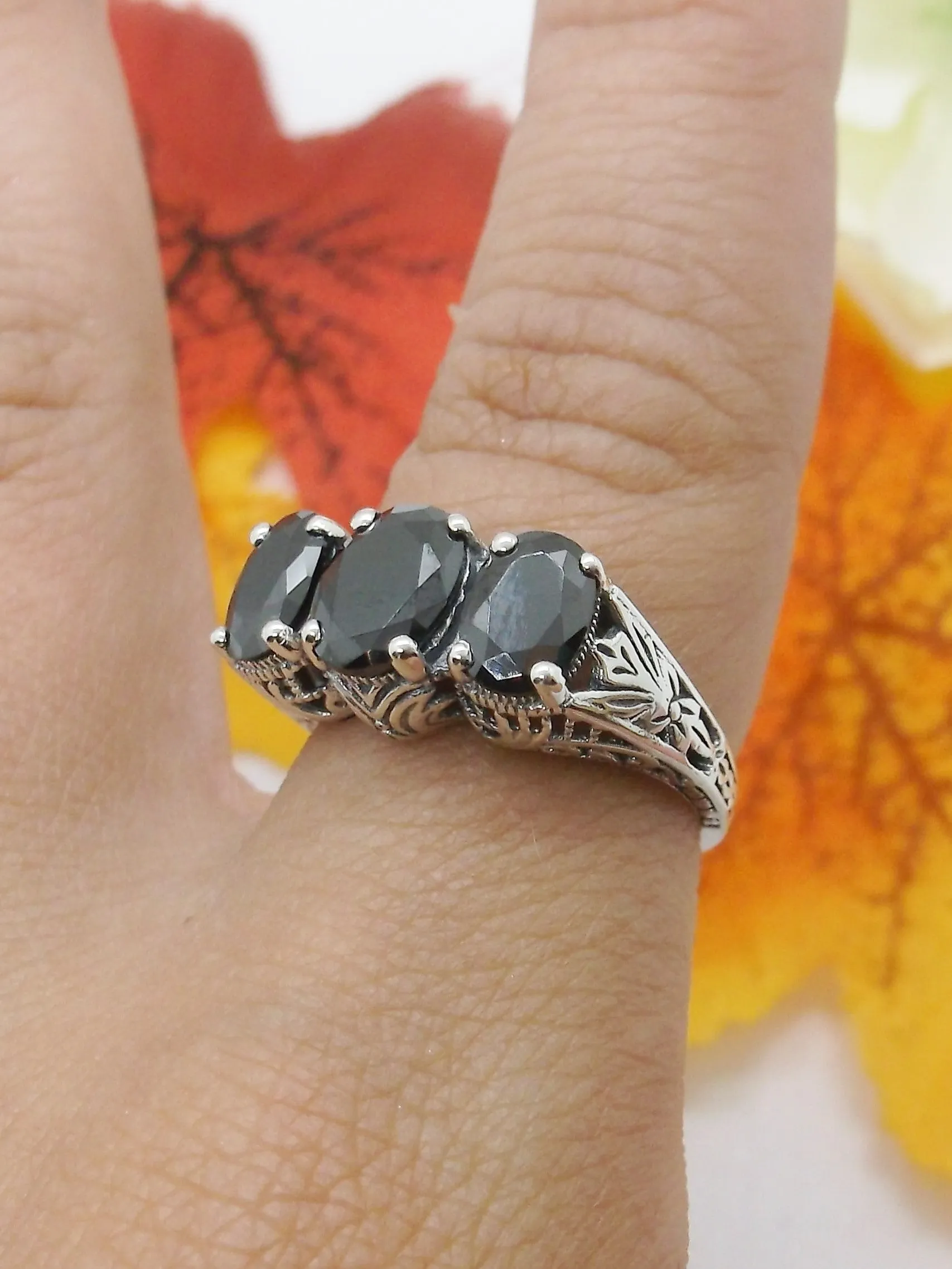 Trinity Black CZ Ring, Three Gem Art Deco Jewelry Design#D41