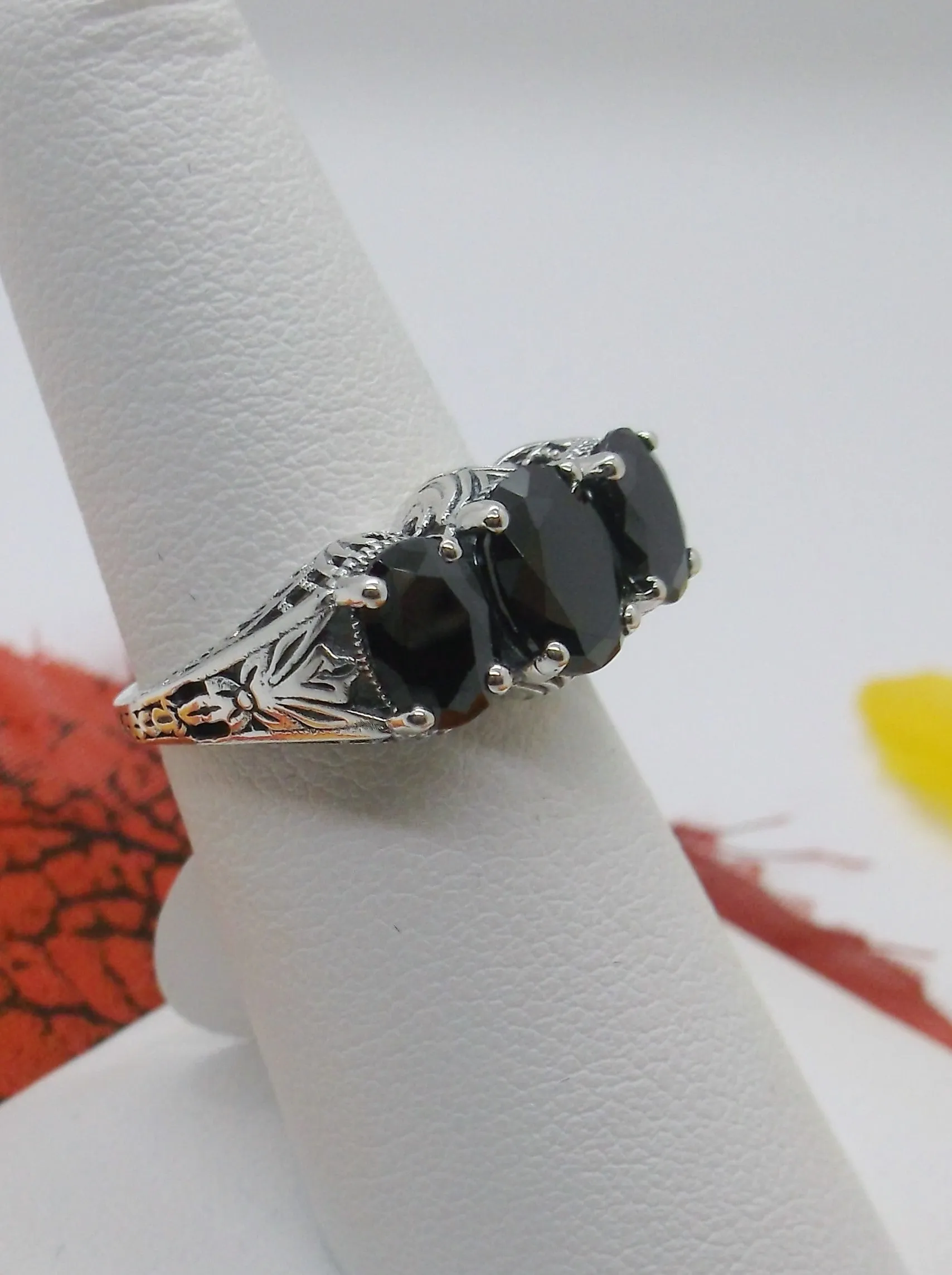 Trinity Black CZ Ring, Three Gem Art Deco Jewelry Design#D41