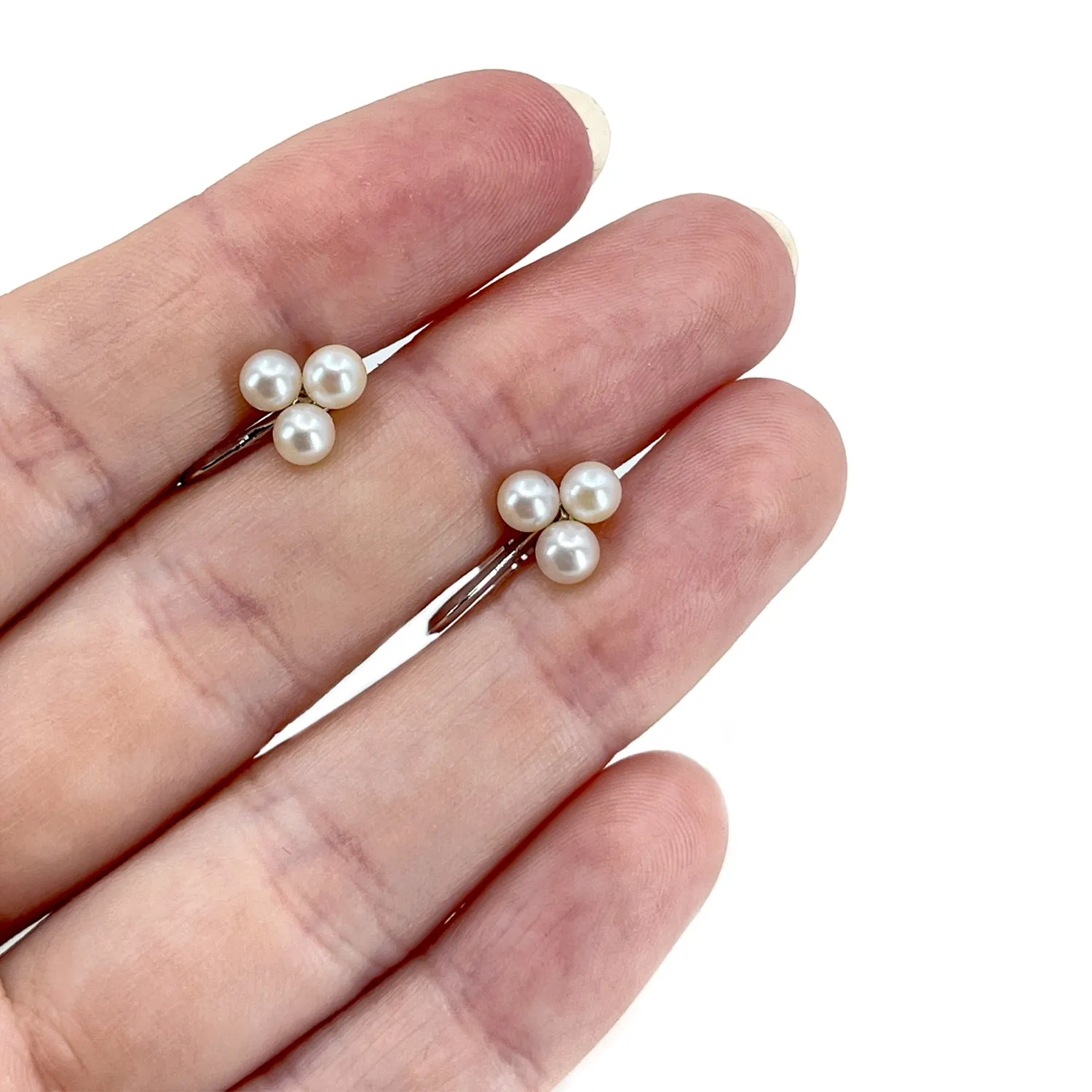 Triple Cluster Vintage Akoya Saltwater Cultured Pearl Screwback Earrings- Sterling Silver