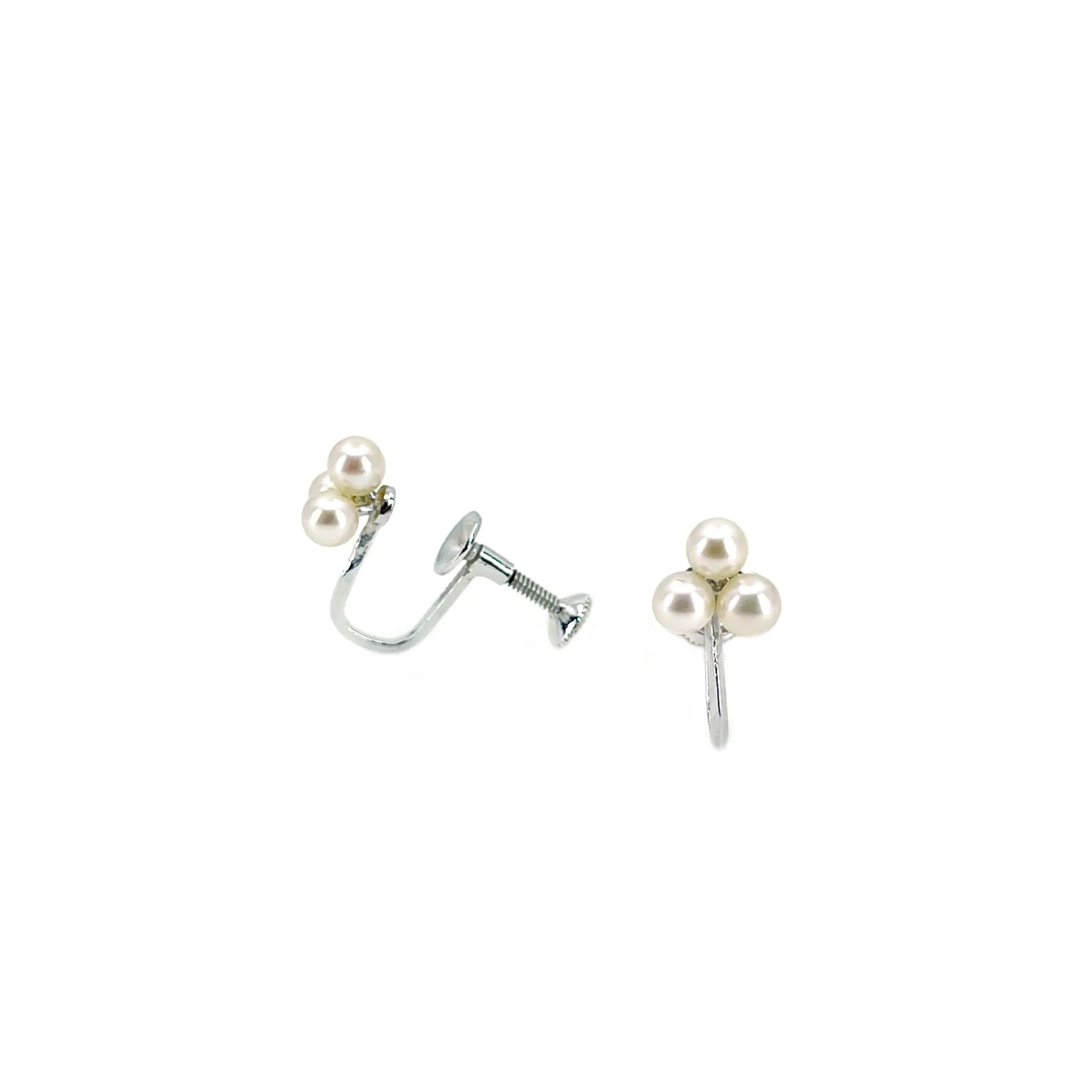 Triple Cluster Vintage Akoya Saltwater Cultured Pearl Screwback Earrings- Sterling Silver