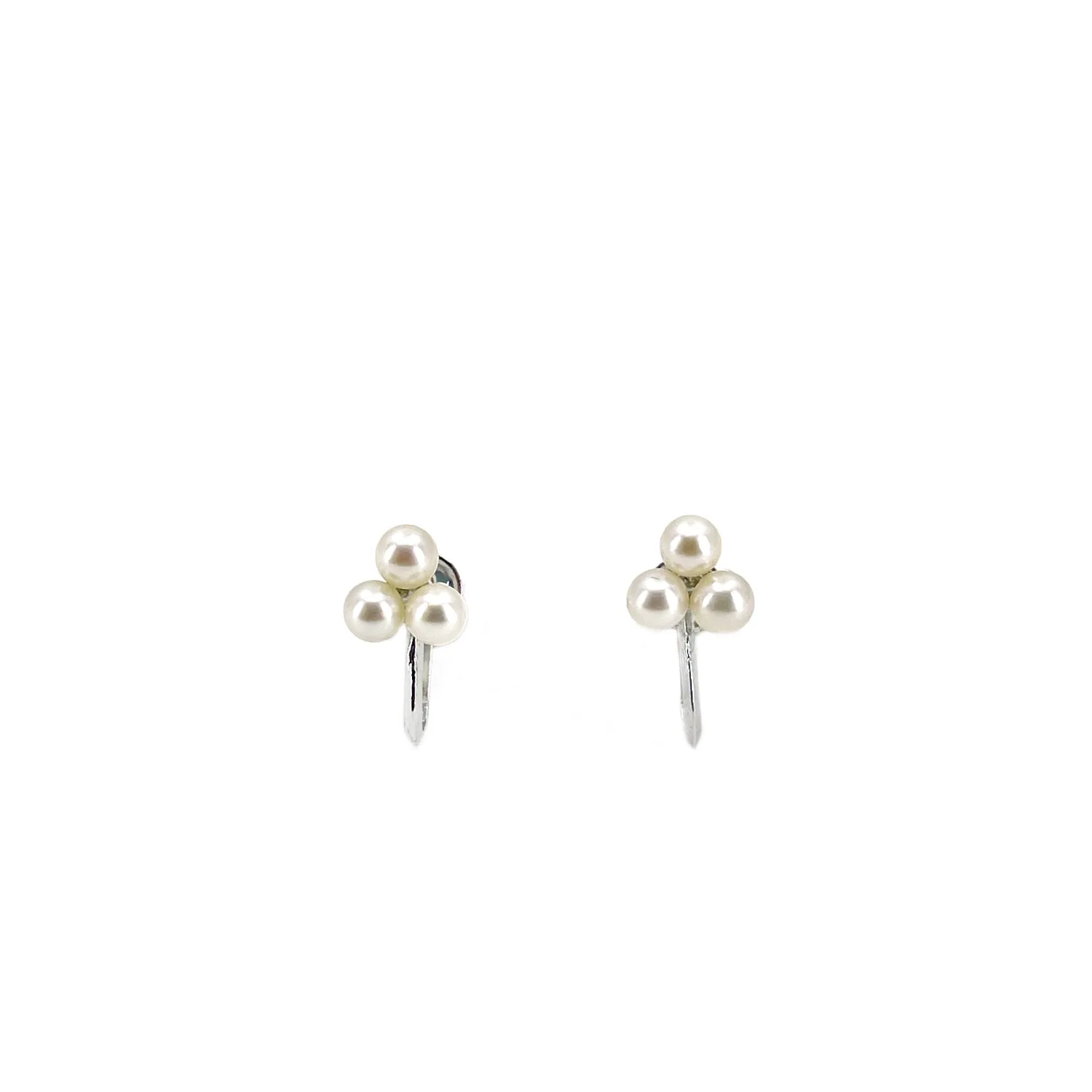 Triple Cluster Vintage Akoya Saltwater Cultured Pearl Screwback Earrings- Sterling Silver