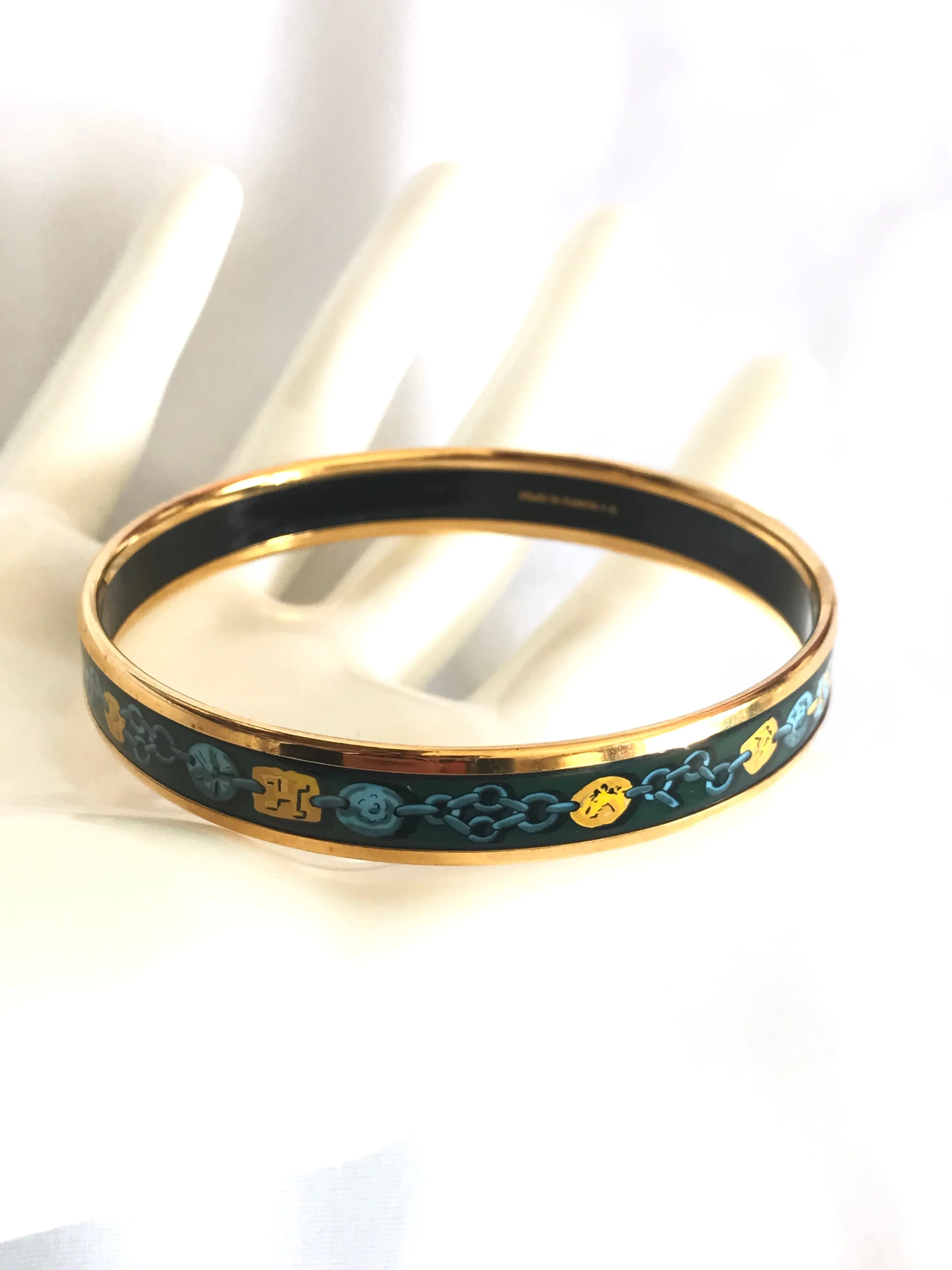 Ves. Vintage Hermes cloisonne enamel bangle with green, yellow, and blue. Charm and chain design. 050320r7
